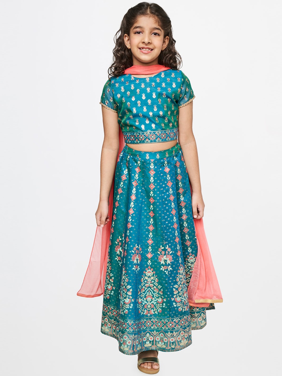 

Global Desi Girls Floral Printed Ready to Wear Lehenga Choli With Dupatta, Green