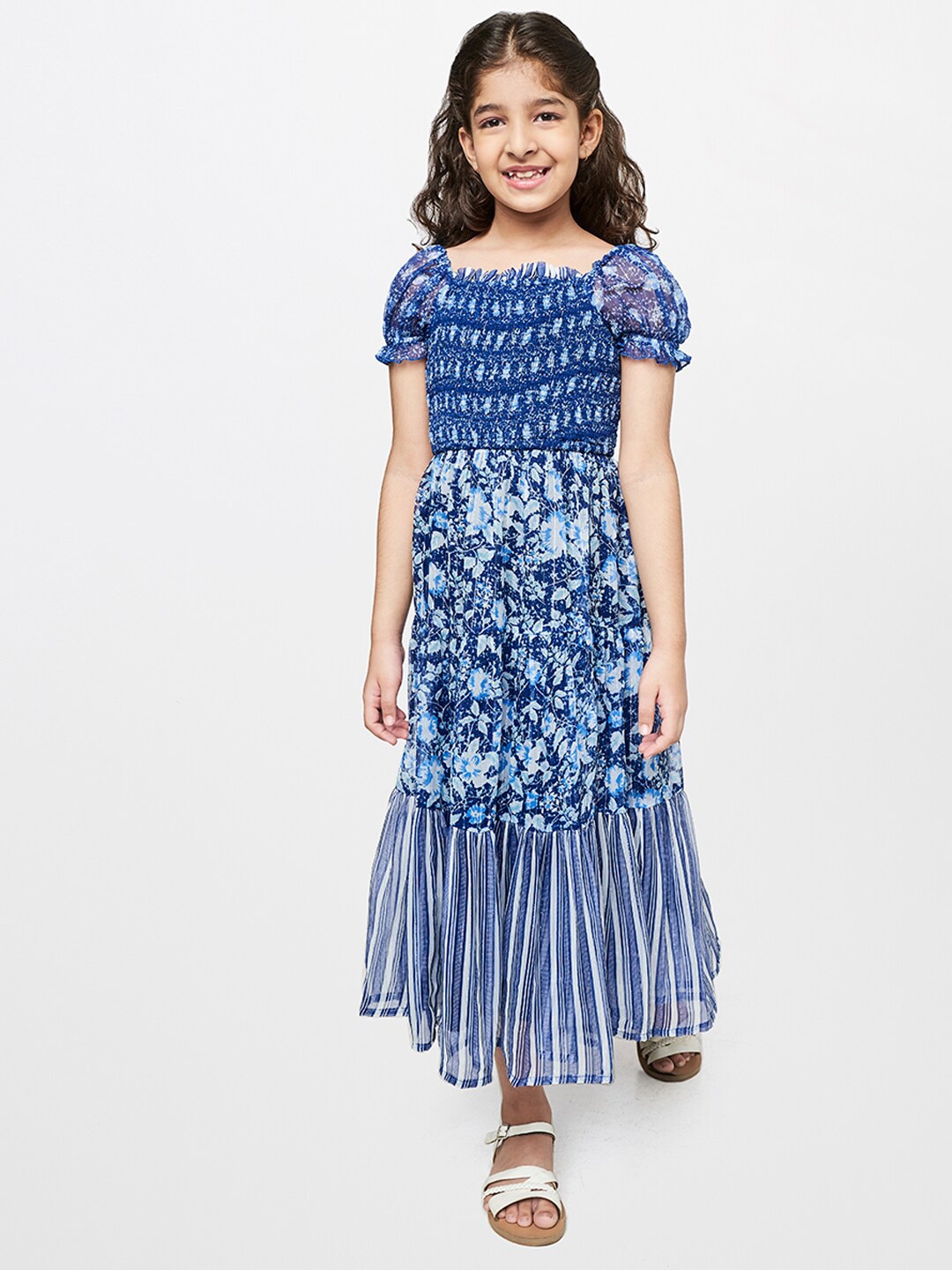 

Global Desi Girls Blue Floral Print A-Line Midi Dress