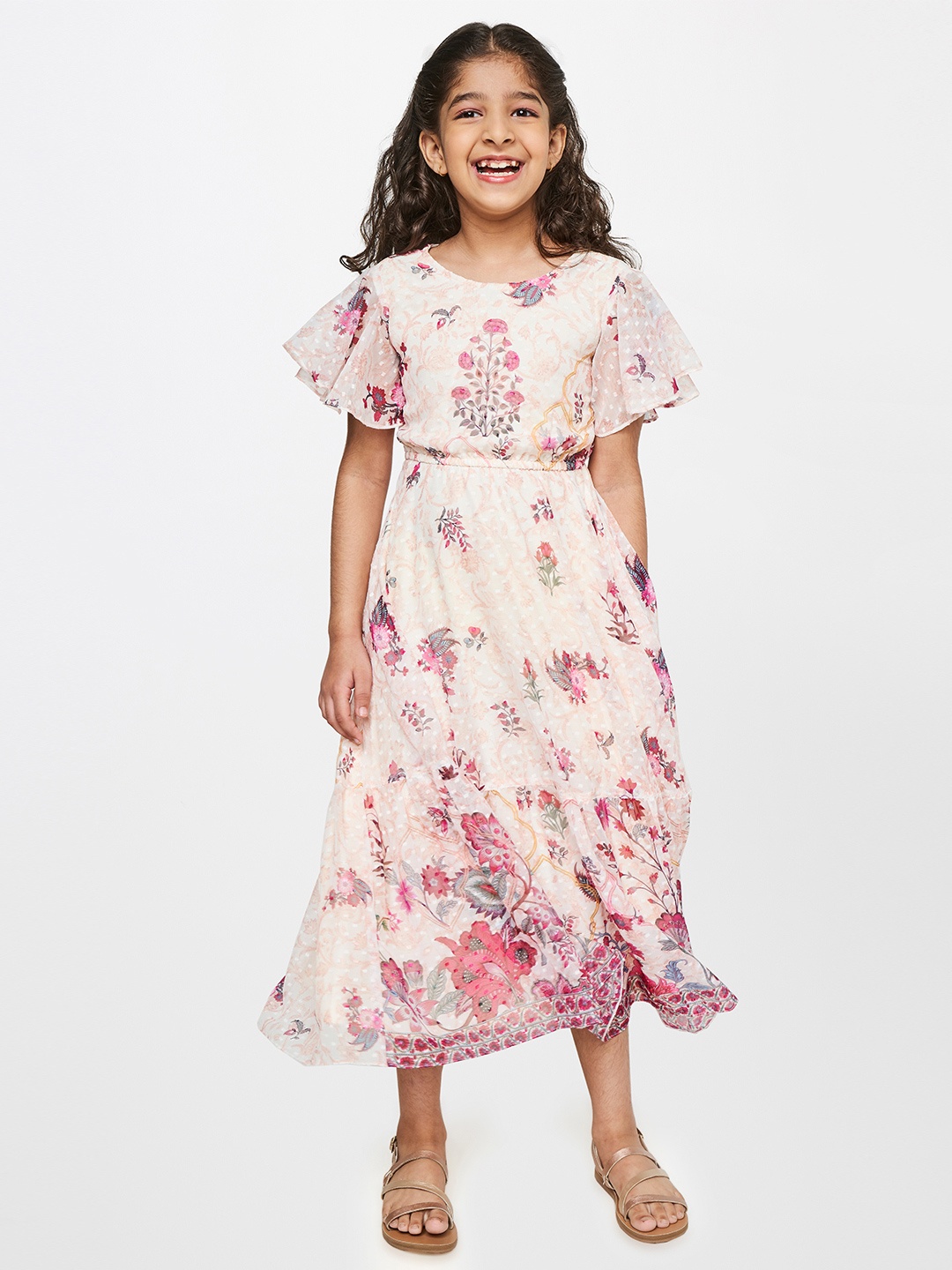 

Global Desi Peach-Coloured Floral Midi Dress