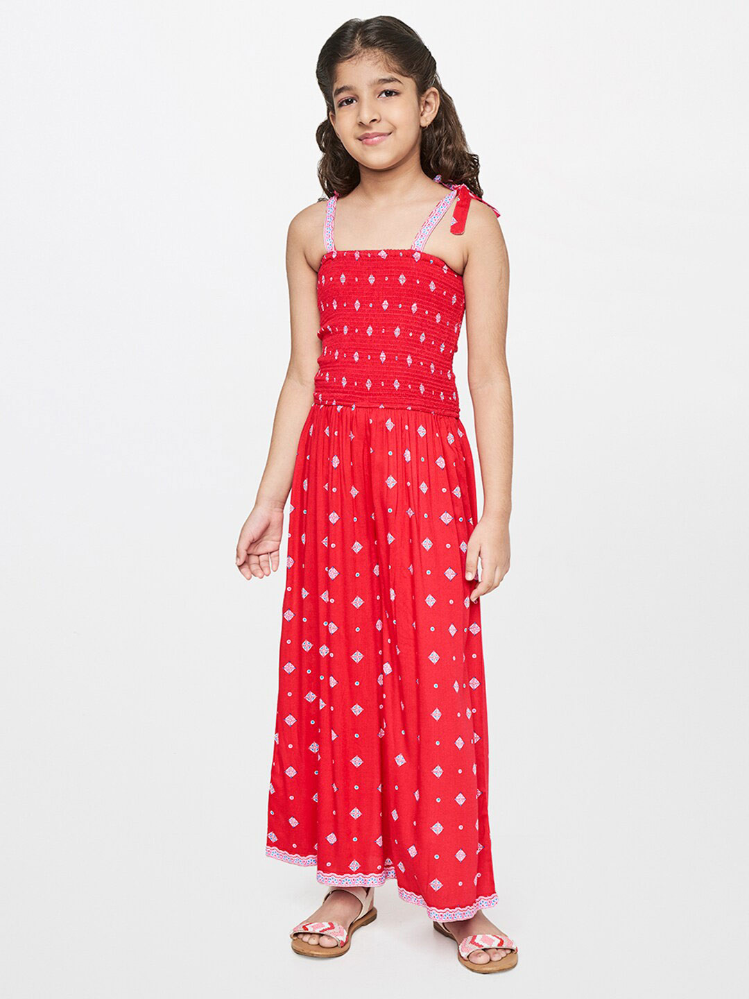 

Global Desi Girls Red & Off White Printed Basic Jumpsuit