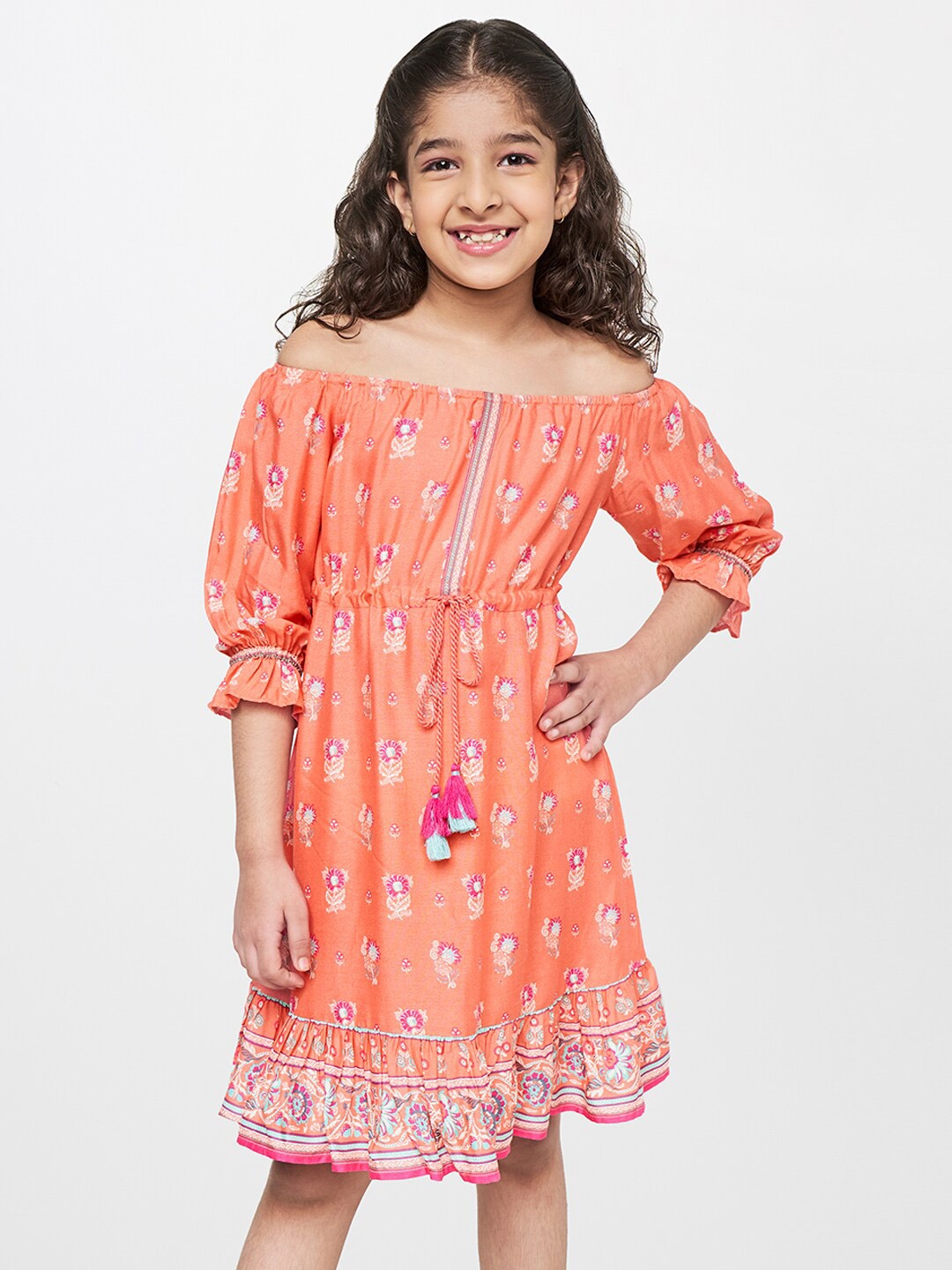 

Global Desi Girls Coral & Pink Floral Printed Off-Shoulder Dress