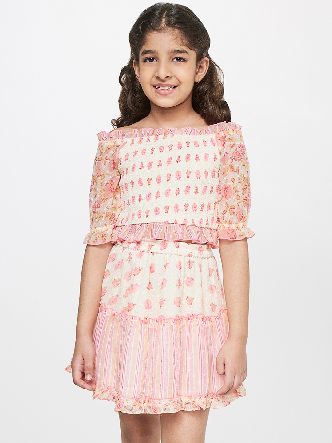 

Global Desi Girls Printed Top with Skirt, Off white