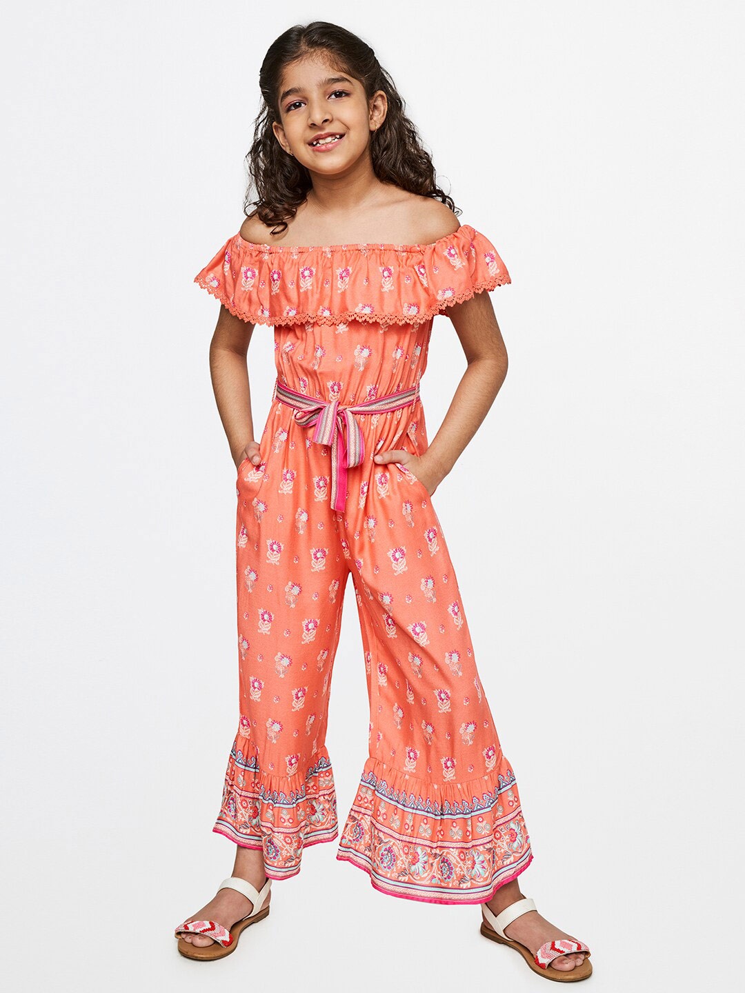 

Global Desi Girls Coral & White Off-Shoulder Printed Basic Jumpsuit