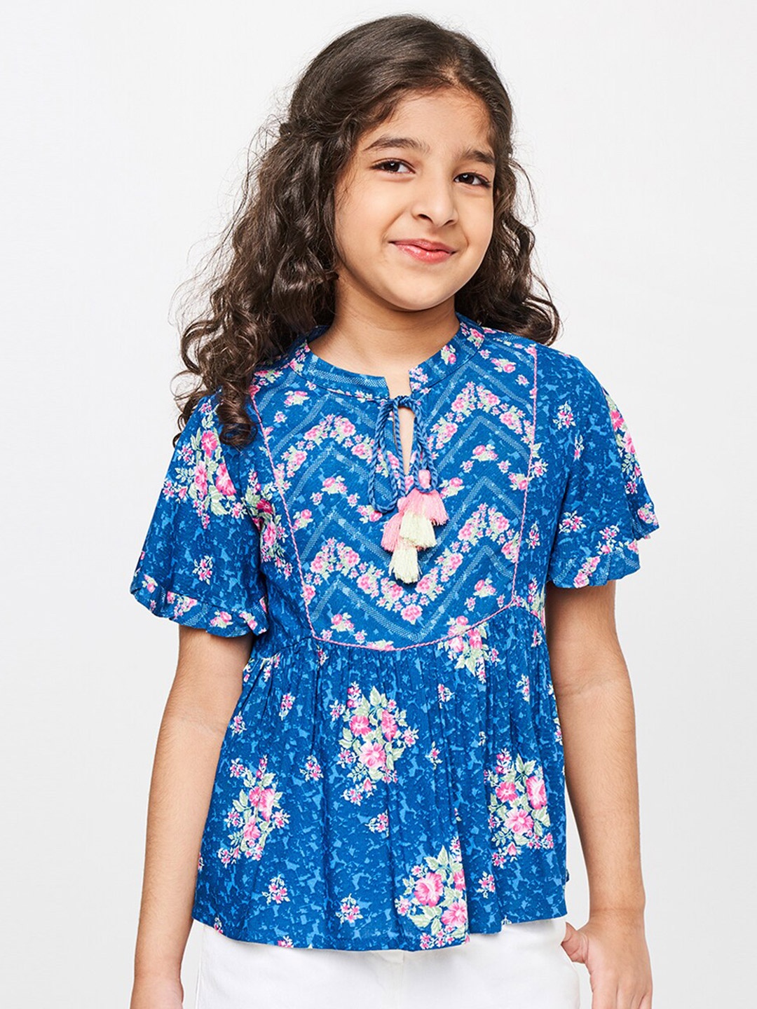 

Global Desi Blue Floral Print Keyhole Neck Top