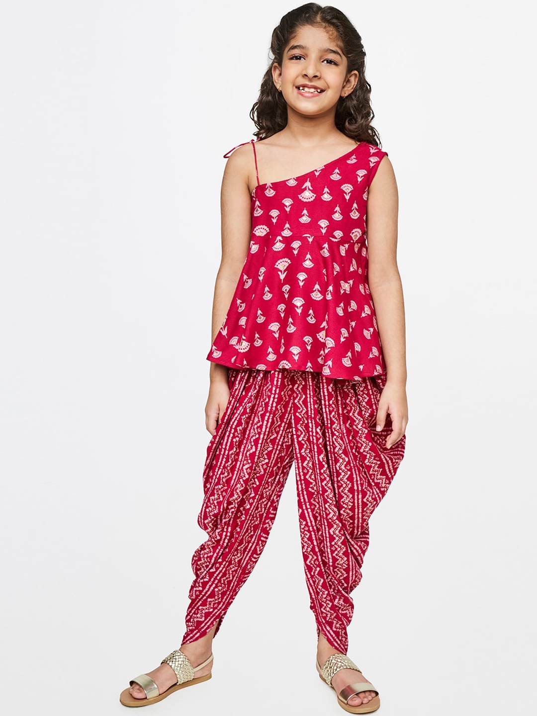 

Global Desi Girls Pink & Off White Printed Top with Dhoti Pants