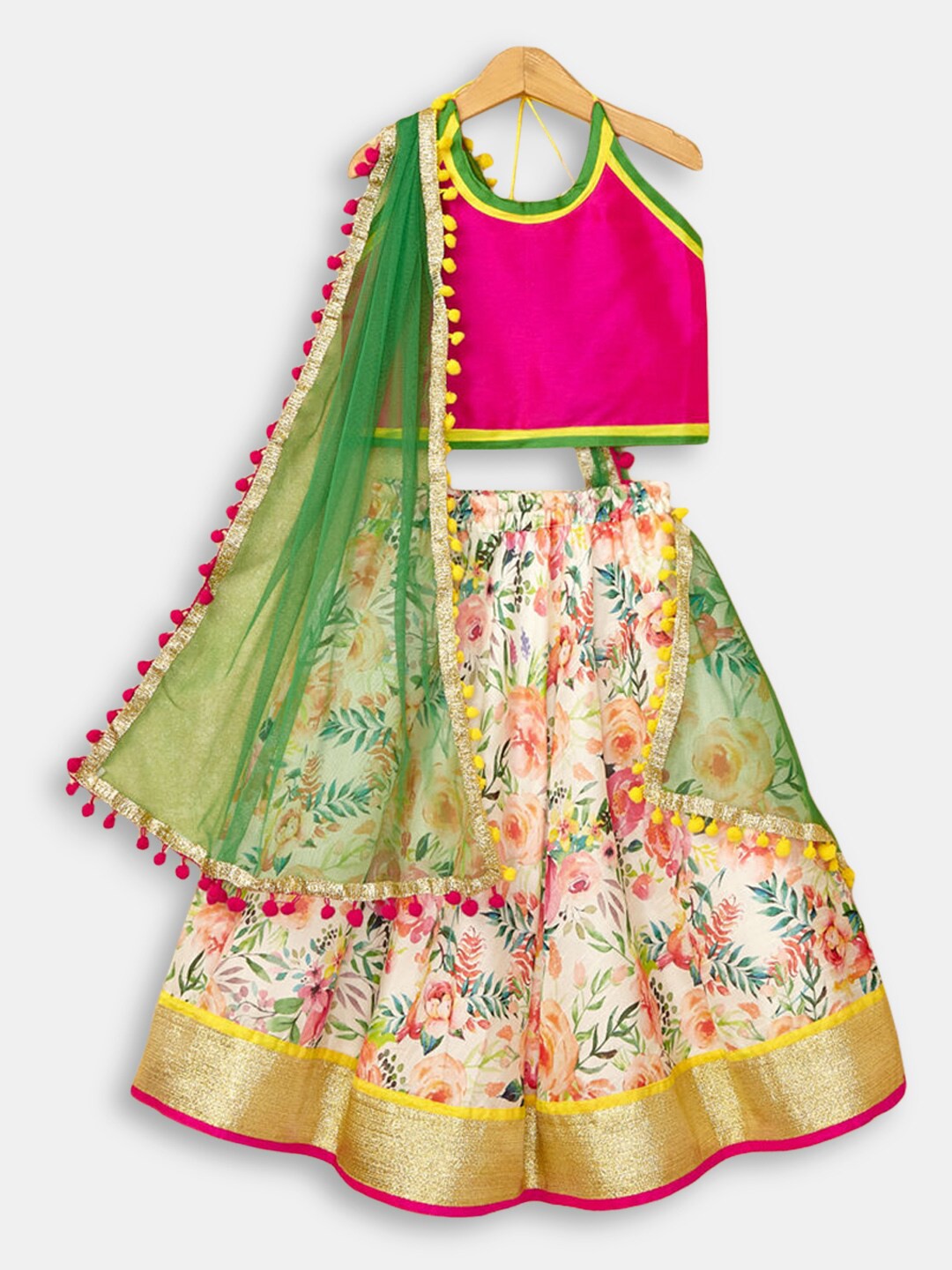 

Hopscotch Girls Pink & Cream-Coloured Ready to Wear Lehenga & Blouse With Dupatta