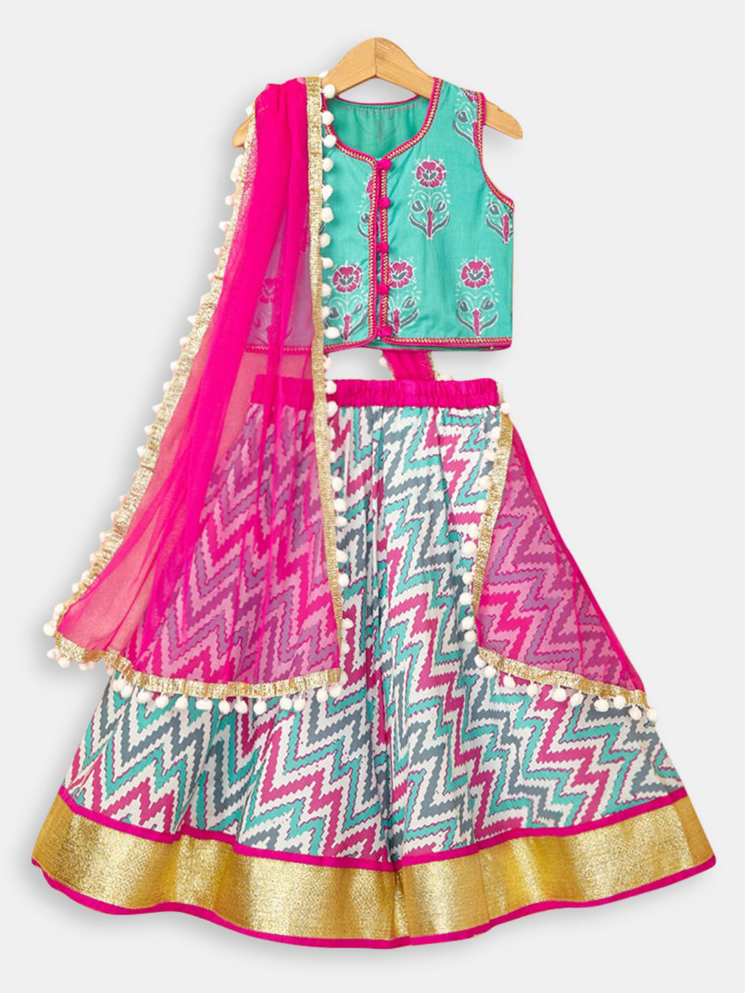 

Hopscotch Girls Blue & Pink Printed Ready to Wear Lehenga & Blouse With Dupatta
