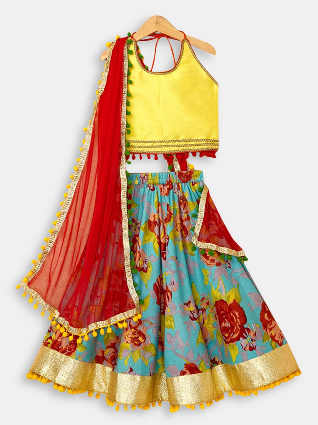 

Hopscotch Girls Turquoise Blue & Yellow Ready to Wear Lehenga & Blouse With Dupatta