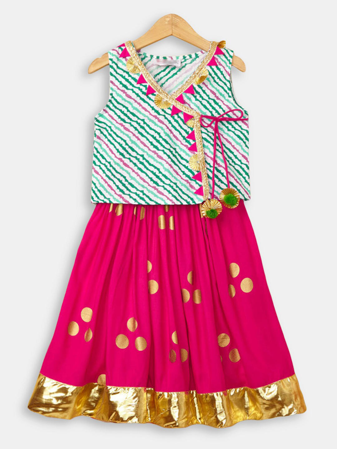 

Hopscotch Girls Pink & Green Printed Cotton Lehenga & Choli