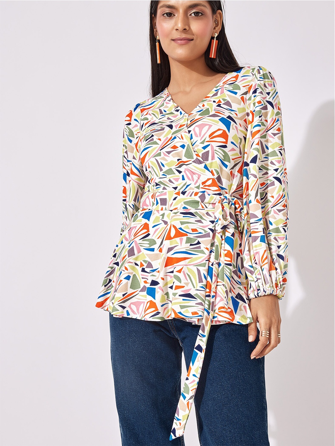 

The Label Life Off White & Blue Terrazzo Print Wrap Tie Top