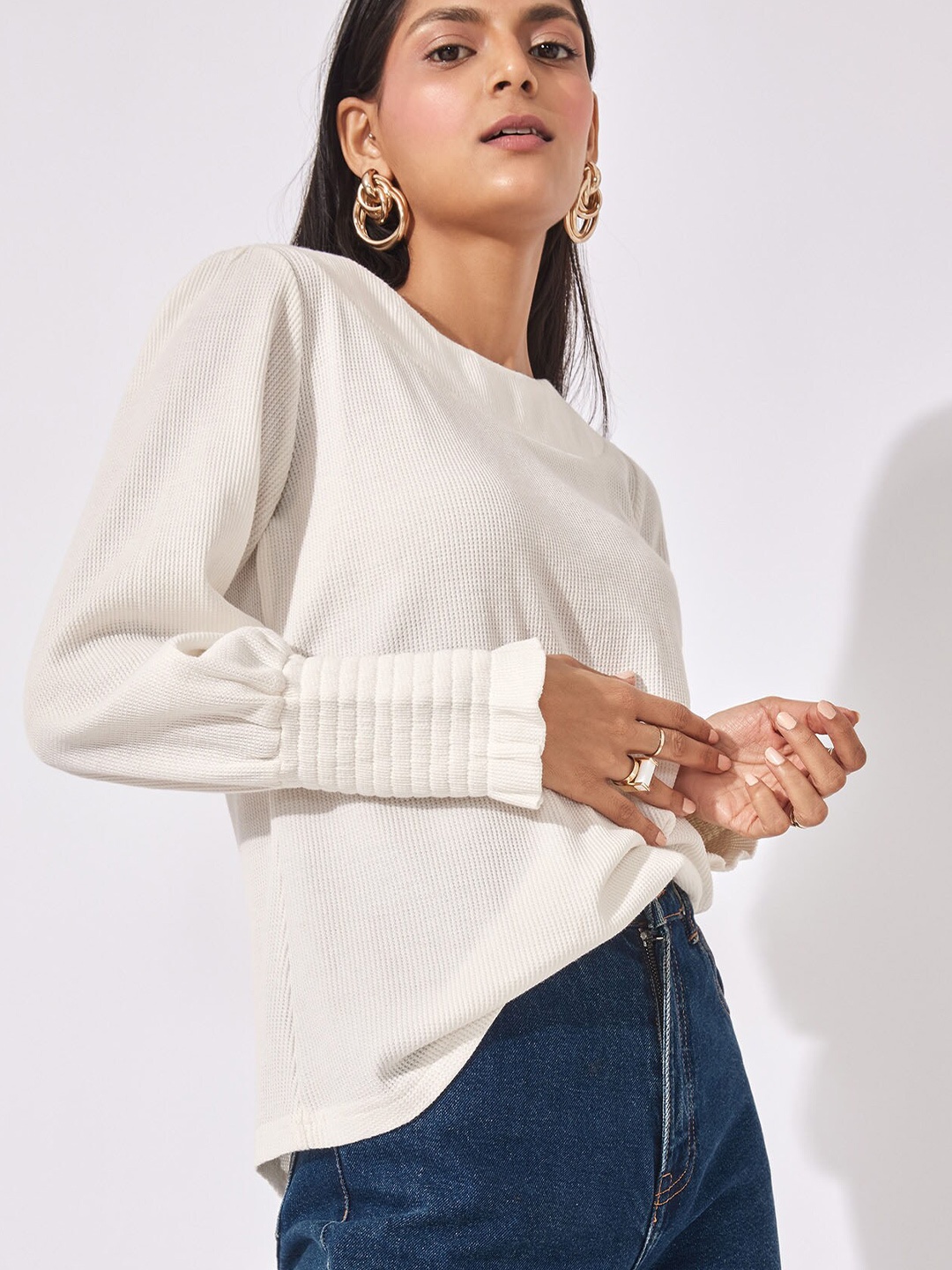 

The Label Life Ivory White Smocked Sleeve Regular Top