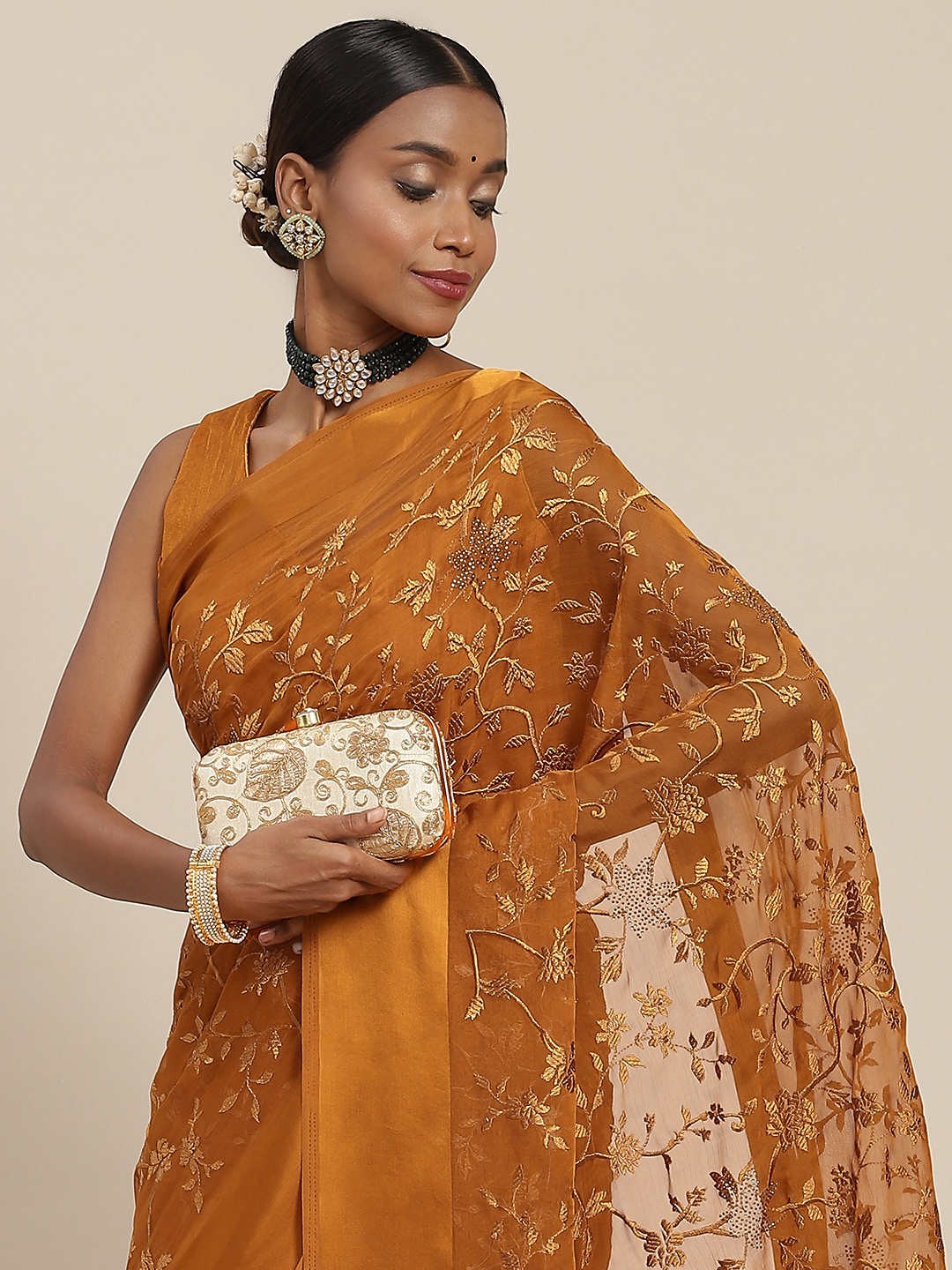 

SAARYA Mustard Ethnic Motifs Sequinned Pure Chiffon Saree