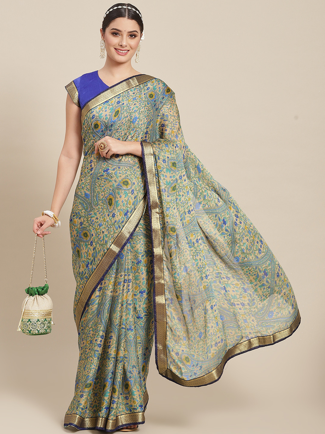 

SAARYA Olive Green & Blue Ethnic Motifs Pure Chiffon Saree