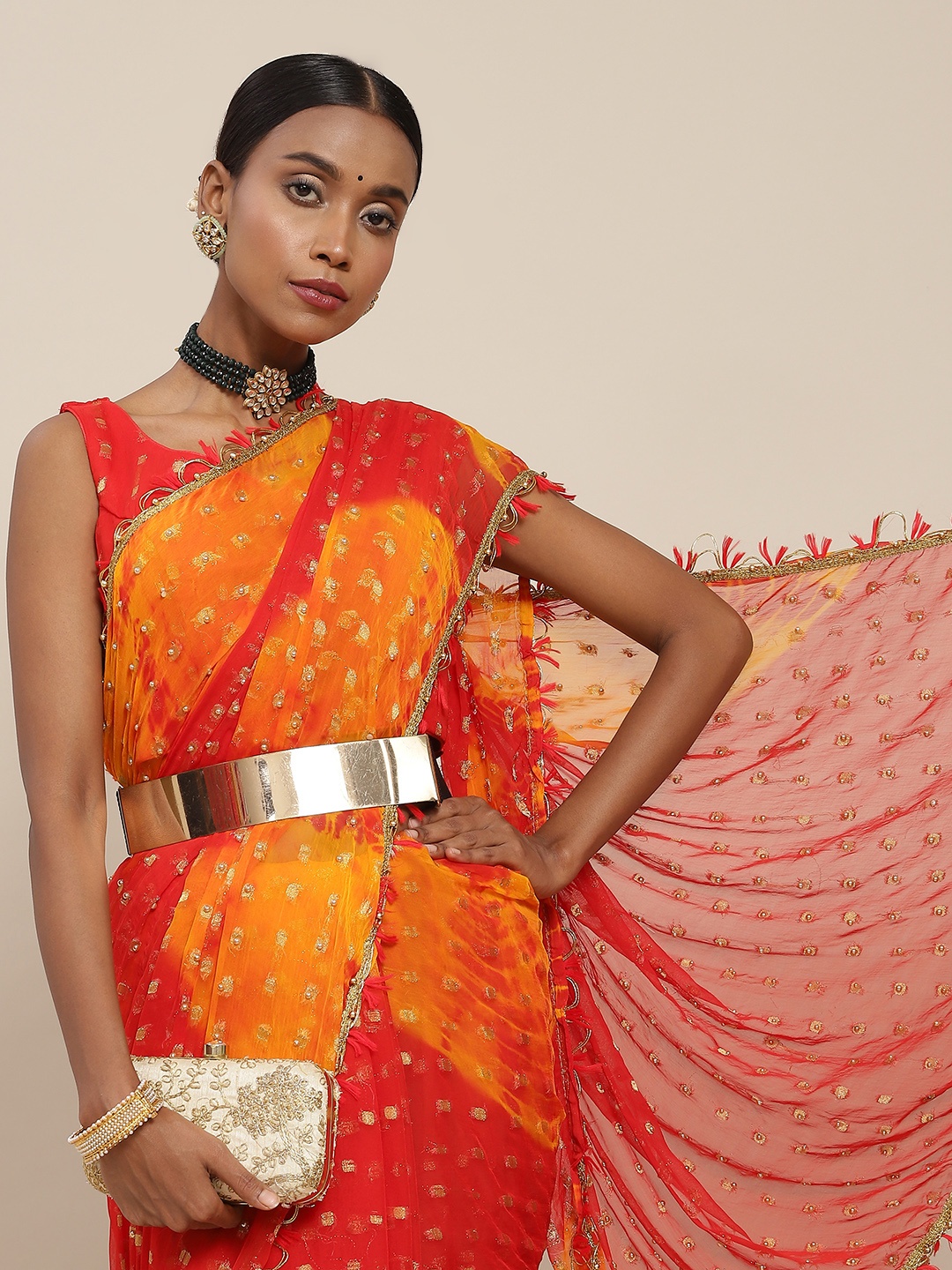 

SAARYA Orange Embellished Beads and Stones Pure Chiffon Saree