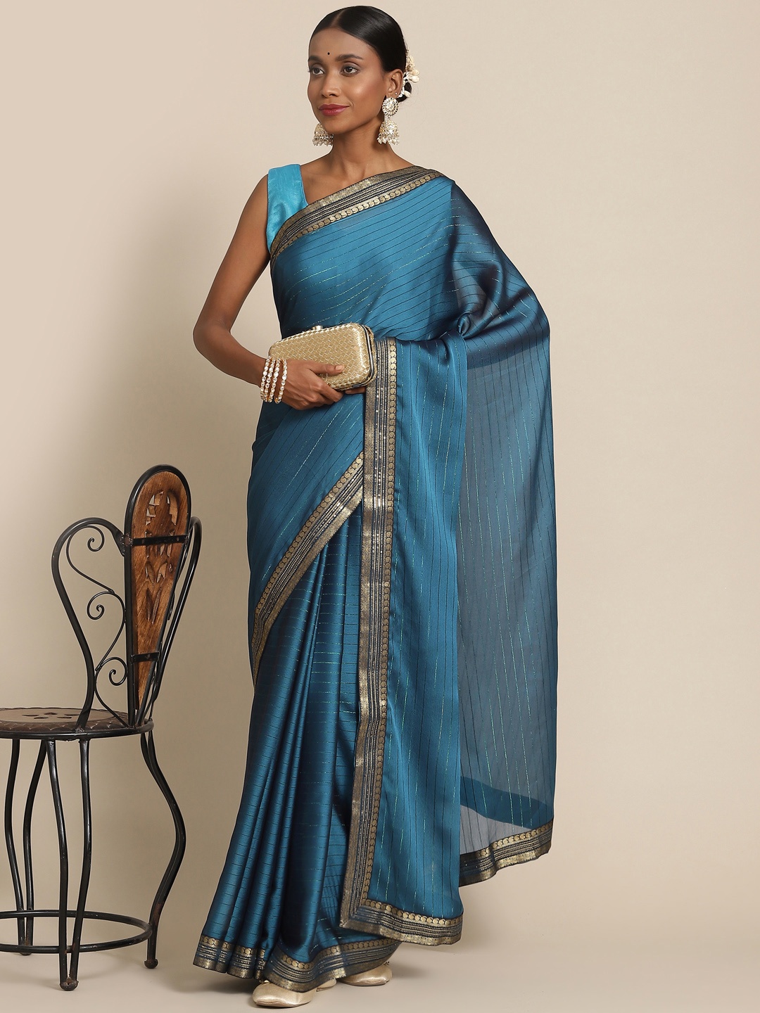 

SAARYA Blue Striped Zari Pure Chiffon Saree