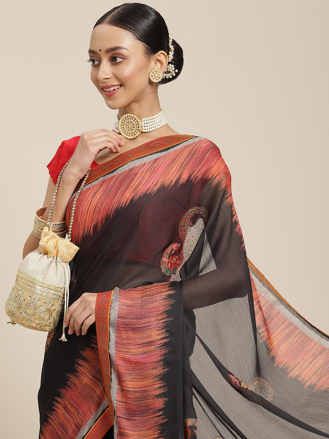 

SAARYA Black Peacock Printed Stones Embellished Poly Georgette Saree