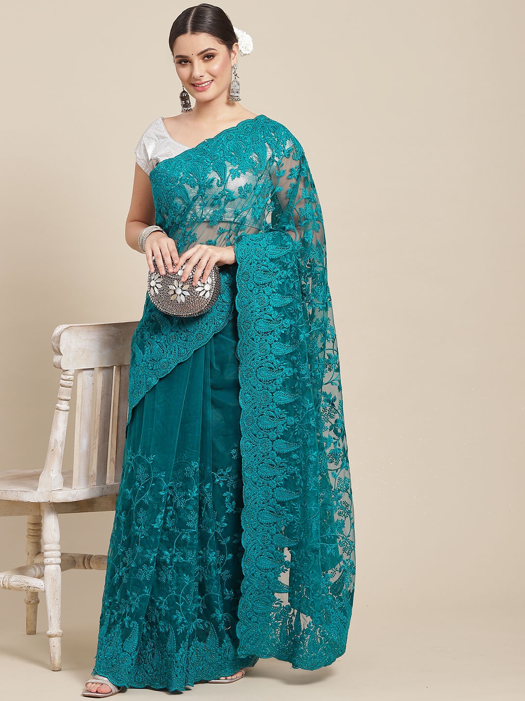 

SAARYA Turquoise Blue Embroidered Floral Stones Net Saree
