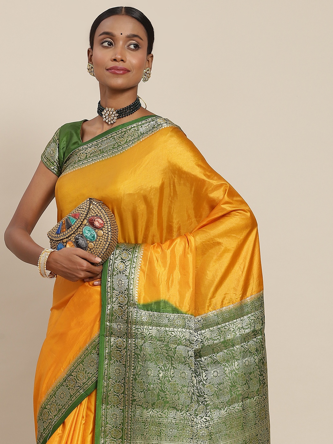 

SAARYA Yellow & Green Poly Chiffon Zari Saree