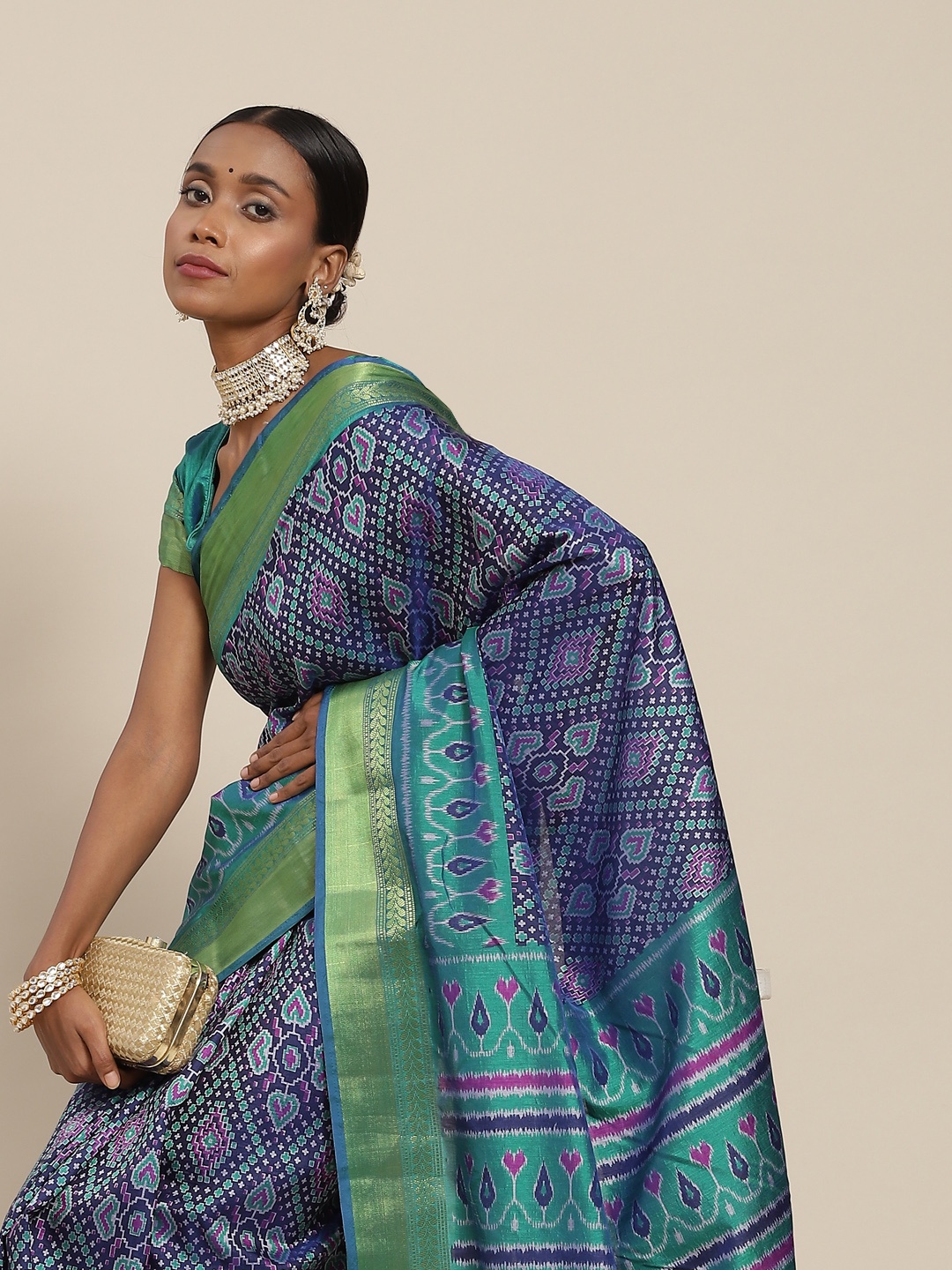 

SAARYA Blue & Green Ethnic Motifs Zari Saree