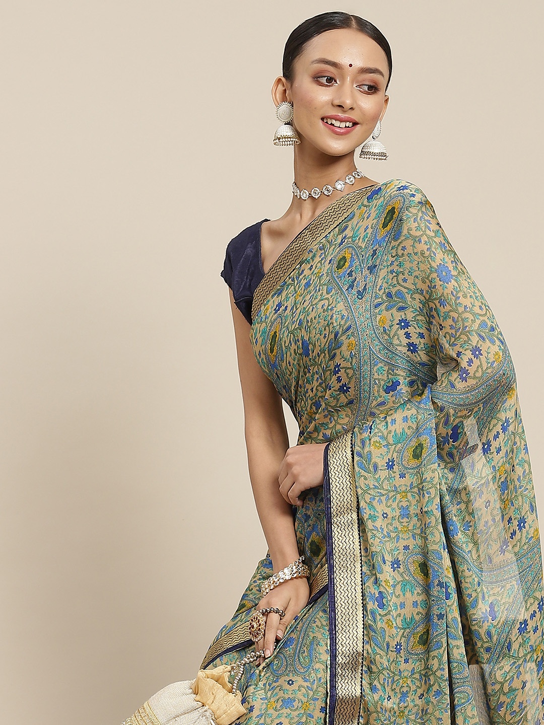 

SAARYA Yellow & Blue Ethnic Motifs Pure Chiffon Saree