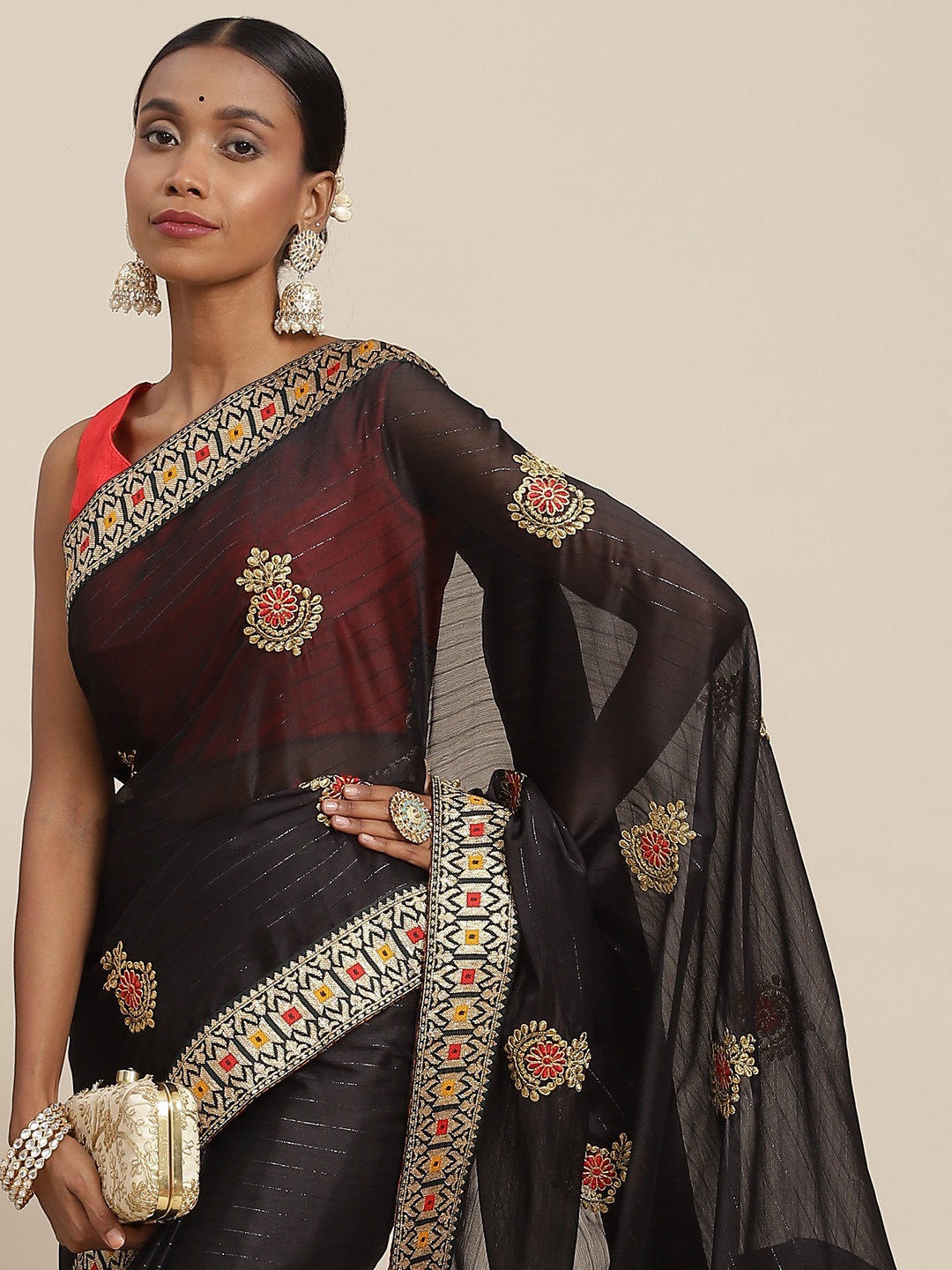 

SAARYA Black & Gold-Toned Ethnic Motifs Zari Saree