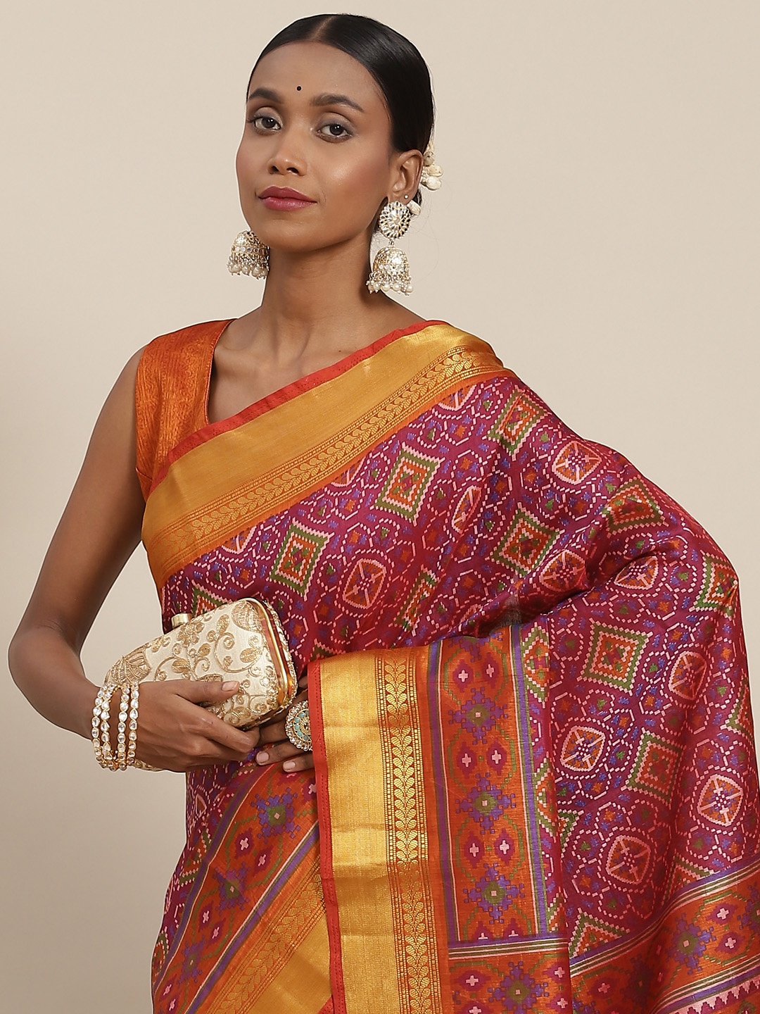 

SAARYA Magenta & Orange Ethnic Motifs Zari Saree