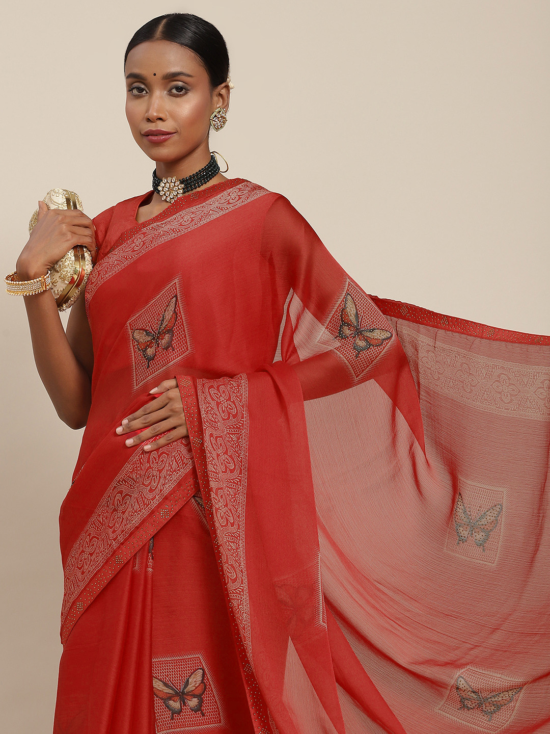 

SAARYA Red Ethnic Motifs Sequinned Pure Chiffon Saree