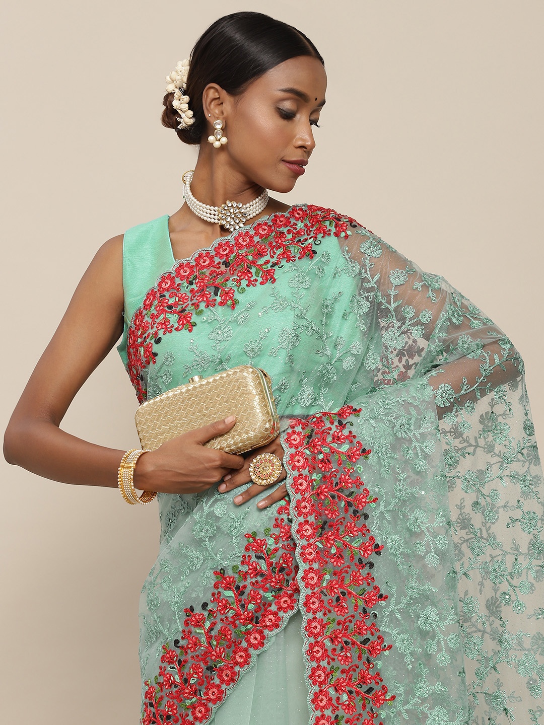 

SAARYA Sea Green & Red Floral Embroidered Net Saree