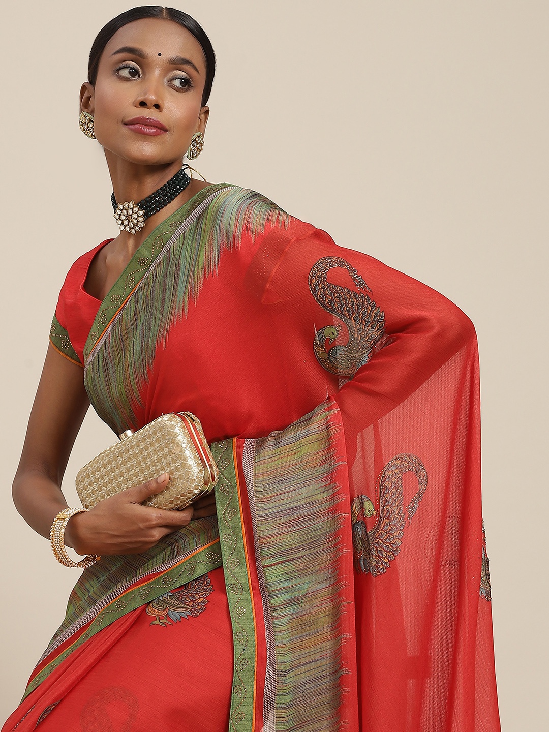 

SAARYA Red Ethnic Motifs Sequinned Saree