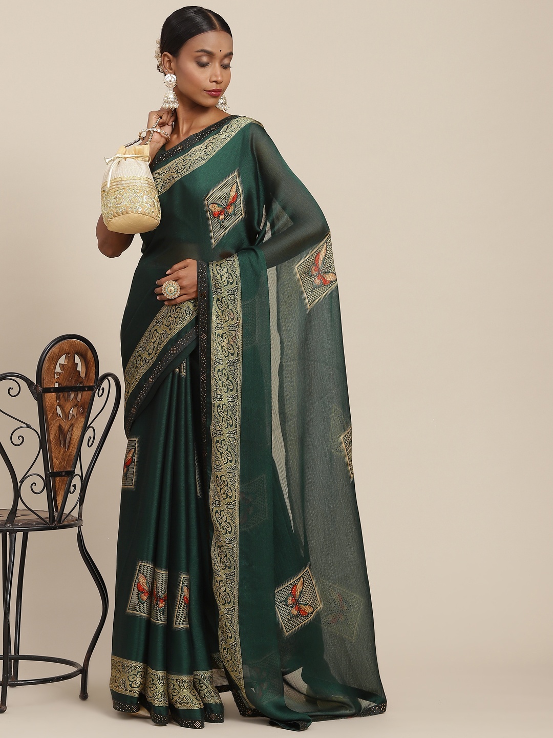 

SAARYA Green Ethnic Motifs Sequinned Pure Chiffon Saree