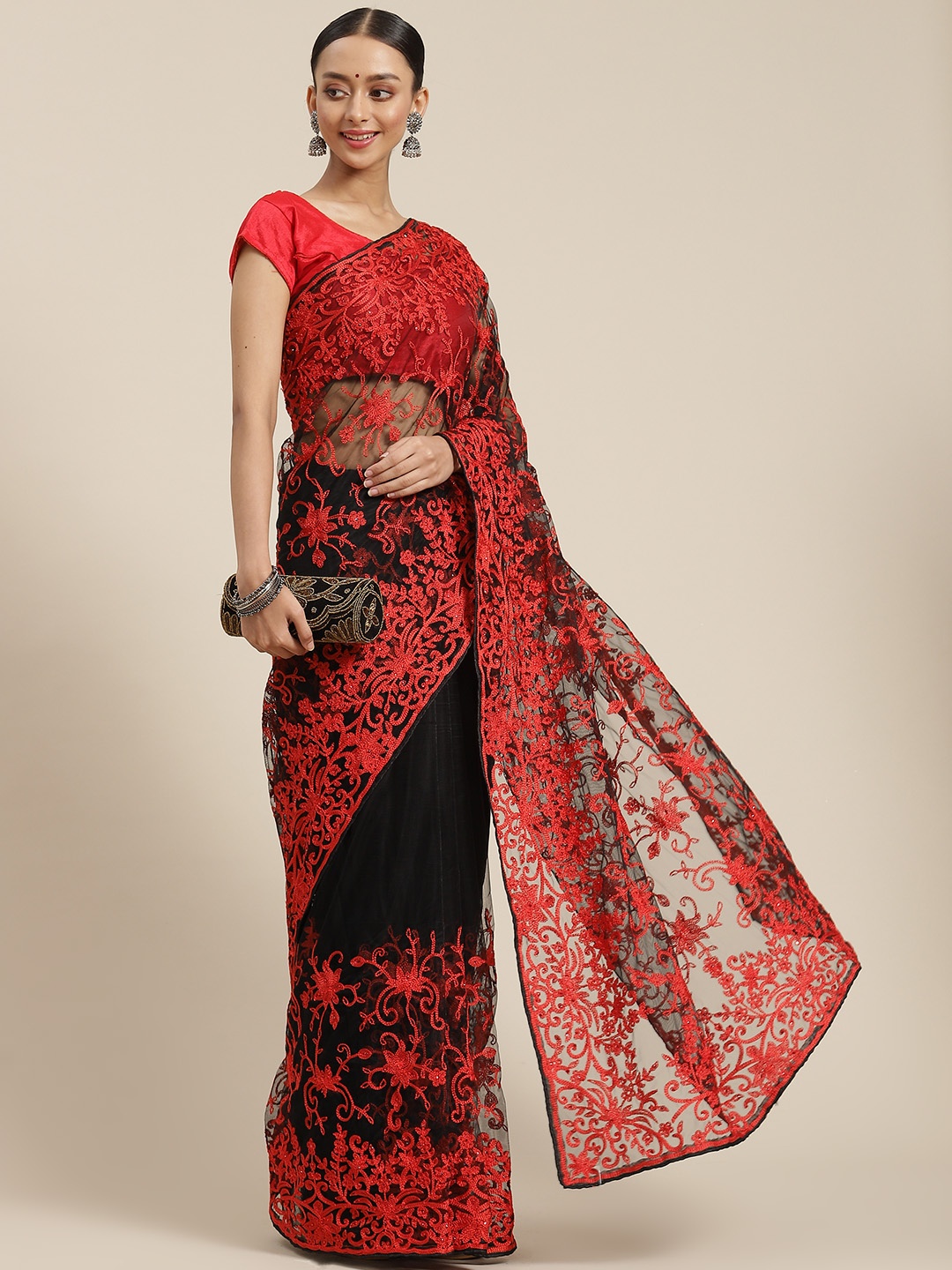 

SAARYA Black & Red Ethnic Motifs Embroidered Net Saree