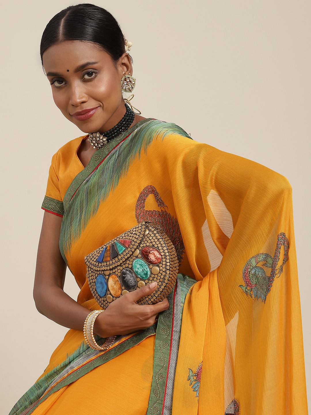 

SAARYA Yellow & Green Ethnic Motifs Sequinned Saree