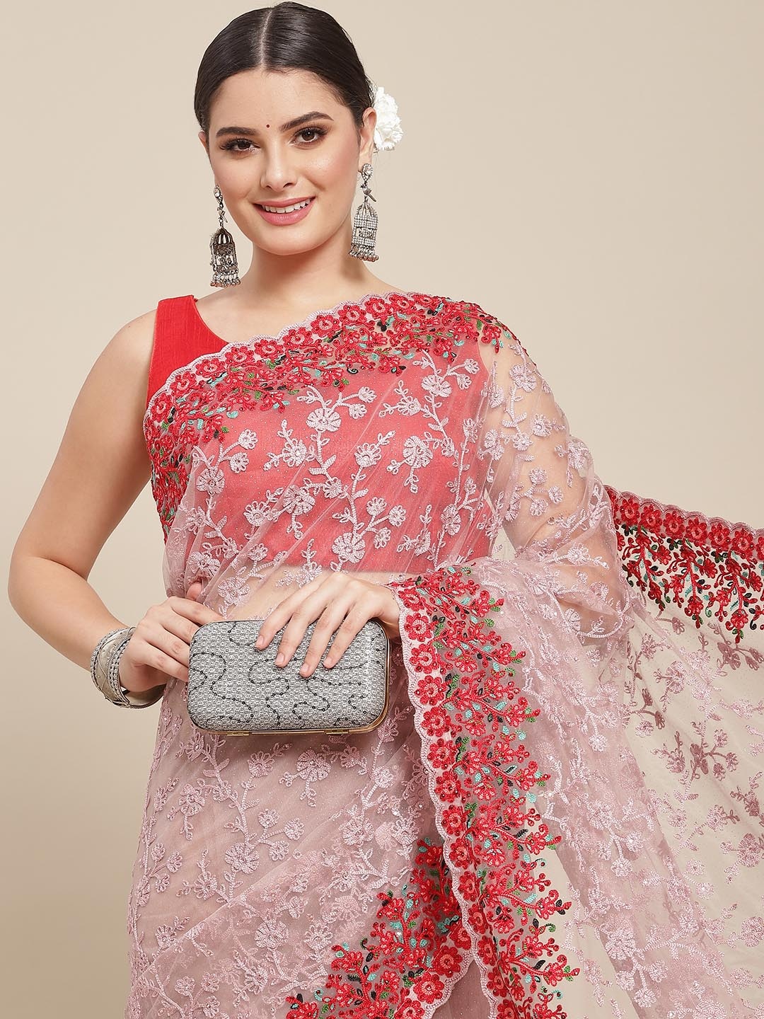 

SAARYA Mauve & Red Floral Net Saree