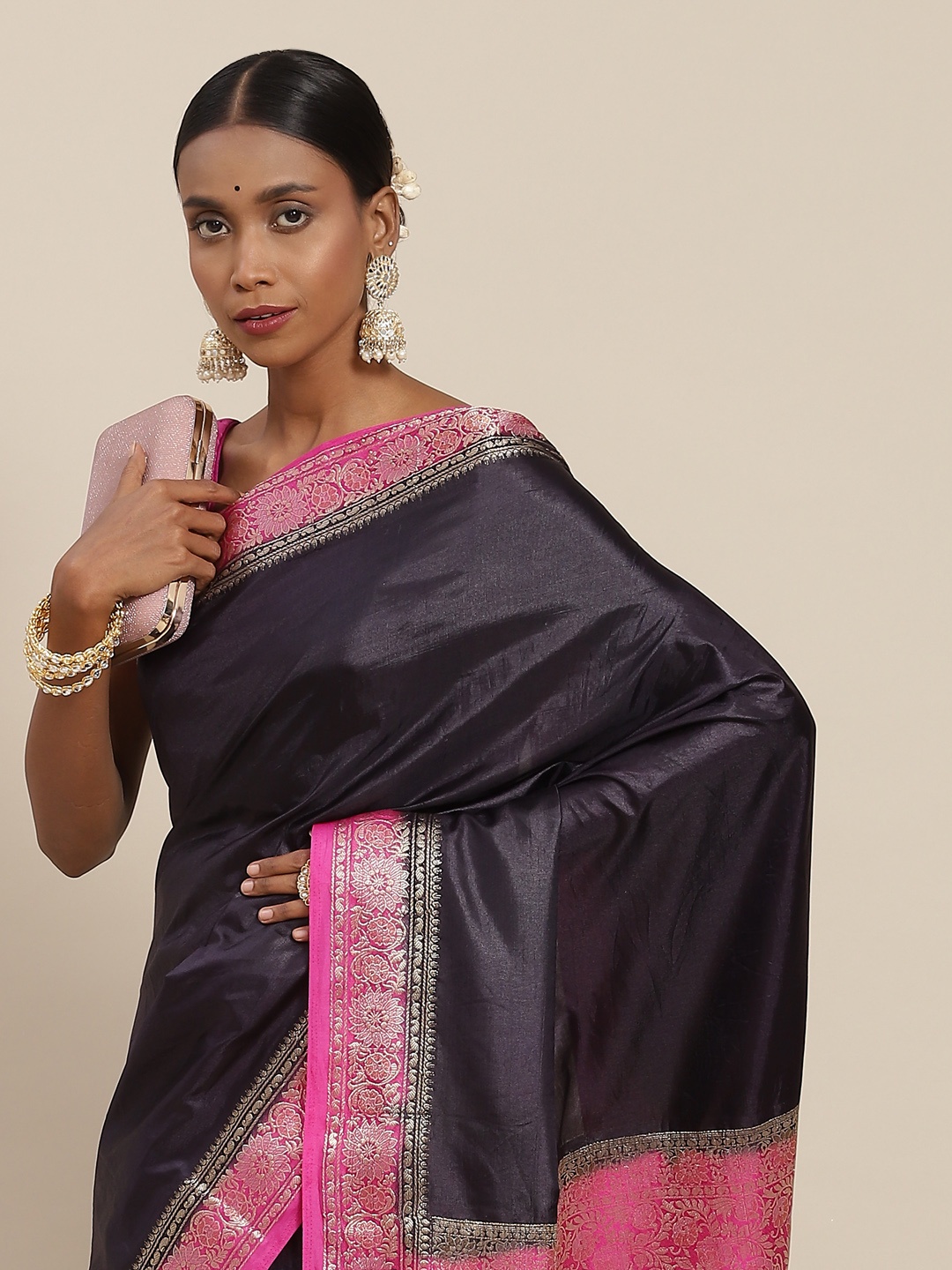 

SAARYA Navy Blue & Pink Zari Saree