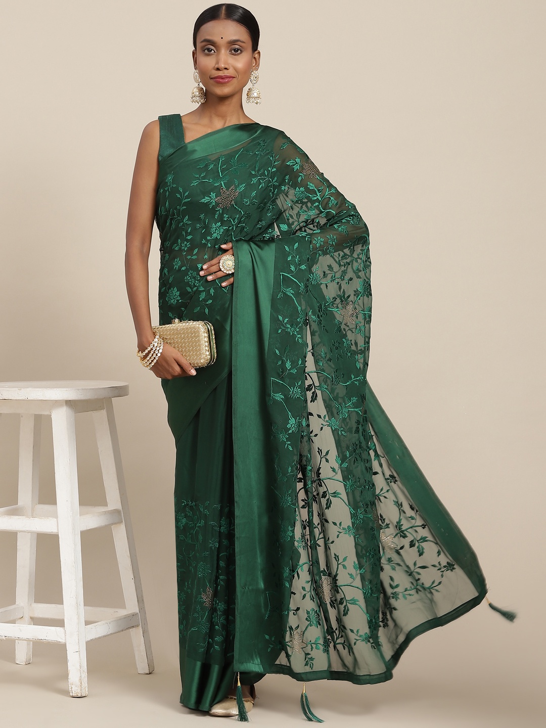 

SAARYA Green Floral Sequinned Pure Chiffon Saree