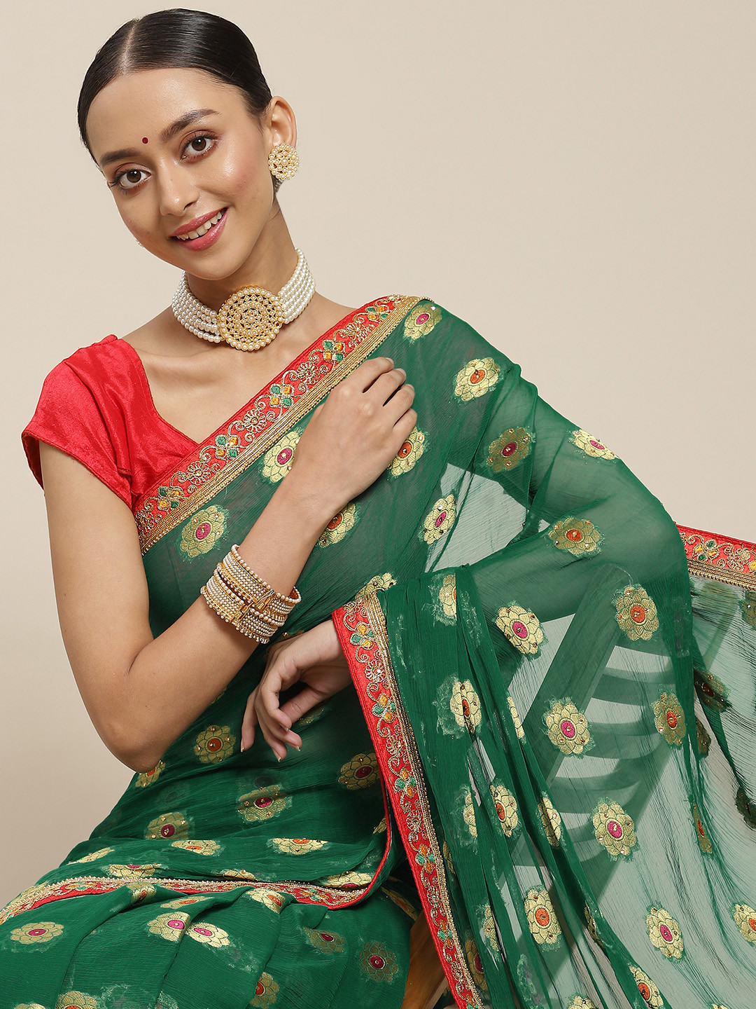 

SAARYA Green & Golden Ethnic Motifs Stones Pure Chiffon Saree