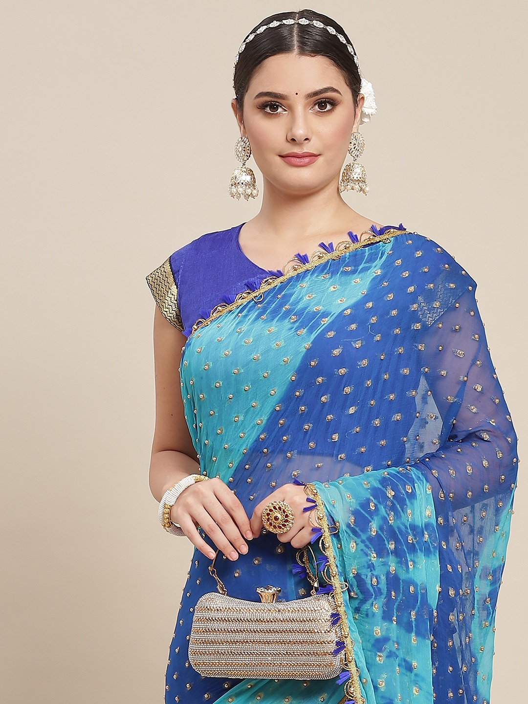

SAARYA Blue & Golden Embellished Beads Pure Chiffon Saree