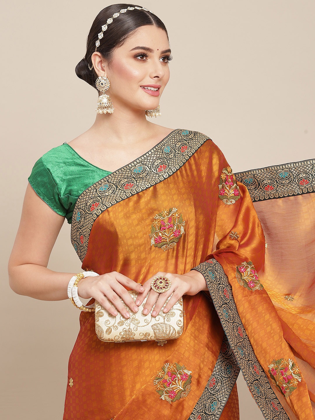 

SAARYA Orange & Pink Ethnic Motifs Embroidered Saree
