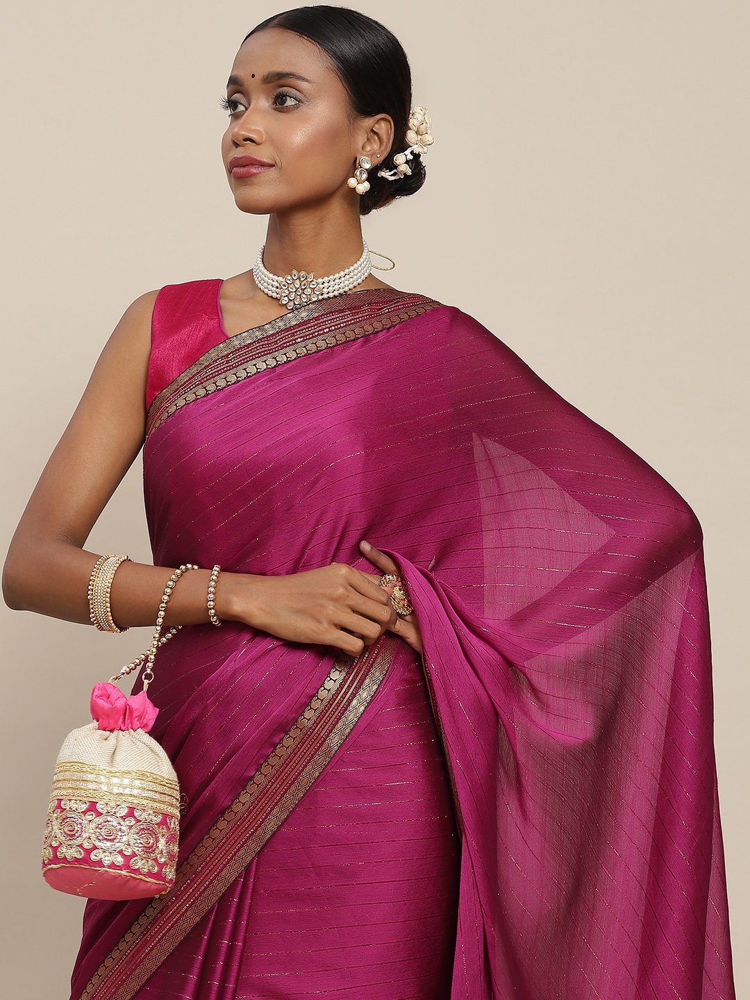 

SAARYA Magenta & Gold-Toned Striped Zari Pure Chiffon Saree