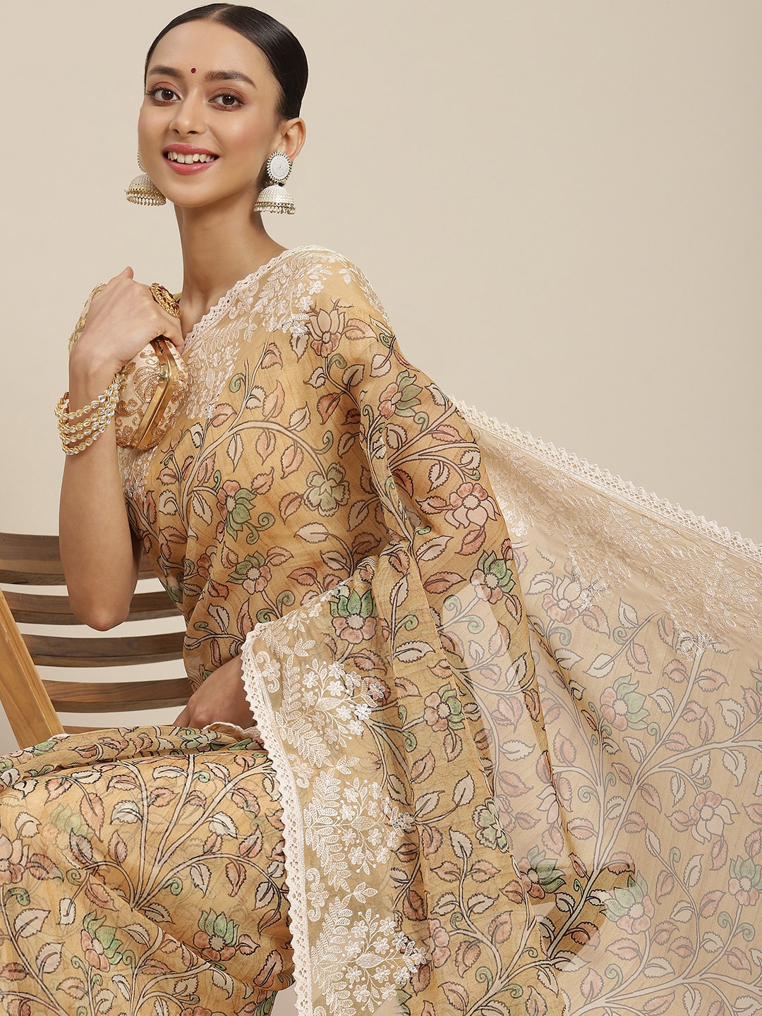 

SAARYA Mustard & Beige Ethnic Motifs Poly Chiffon Saree
