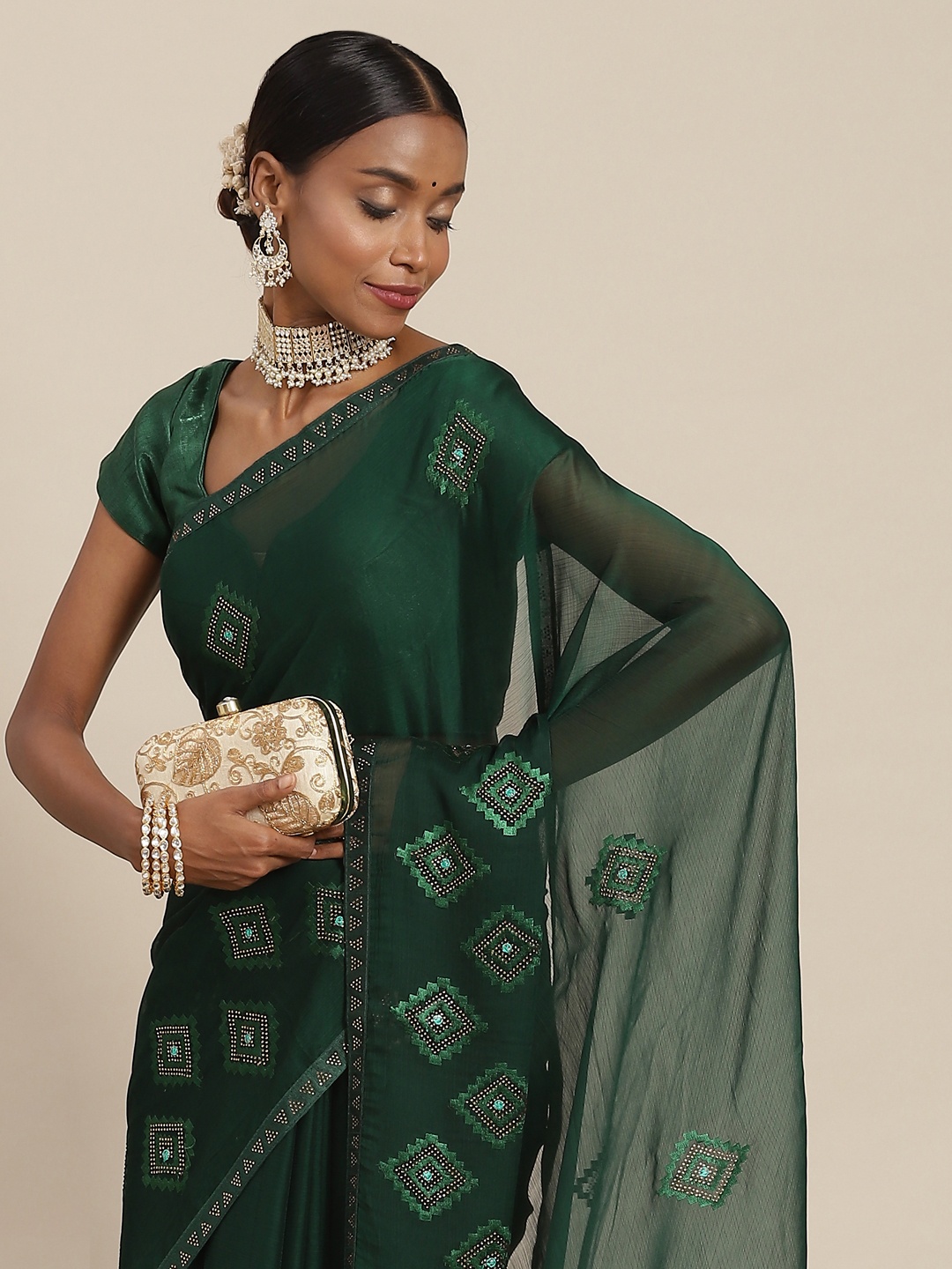 

SAARYA Green Sequinned Pure Chiffon Saree