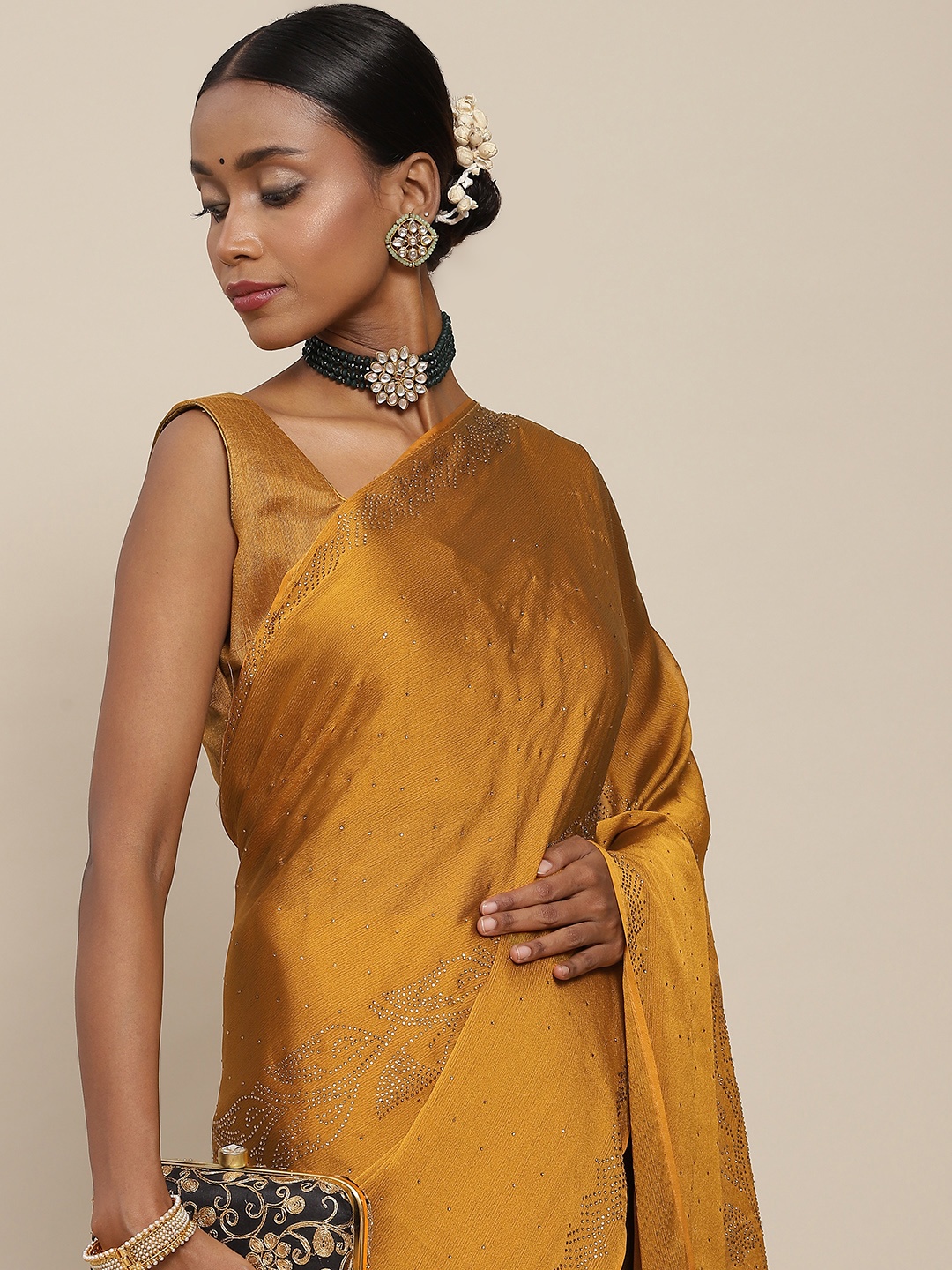 

SAARYA Mustard Embellished Sequinned Pure Chiffon Saree