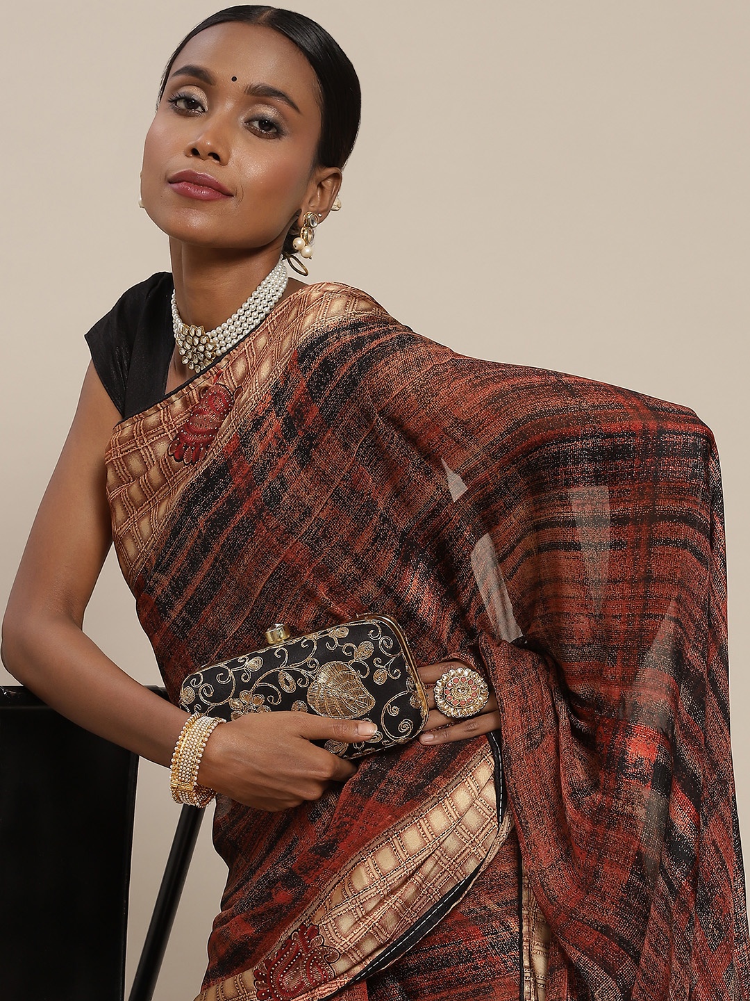 

SAARYA Brown & Black Zari Saree