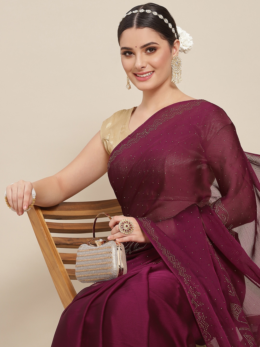 

SAARYA Burgundy Embellished Pure Chiffon Saree