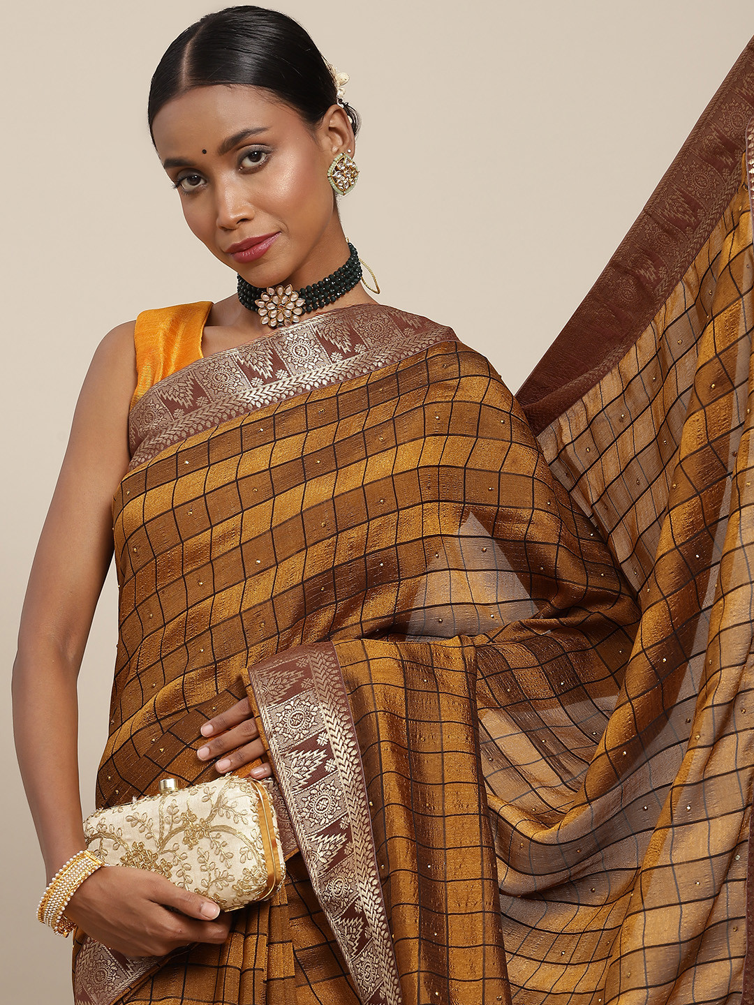 

SAARYA Mustard & Grey Checked Sequinned Saree