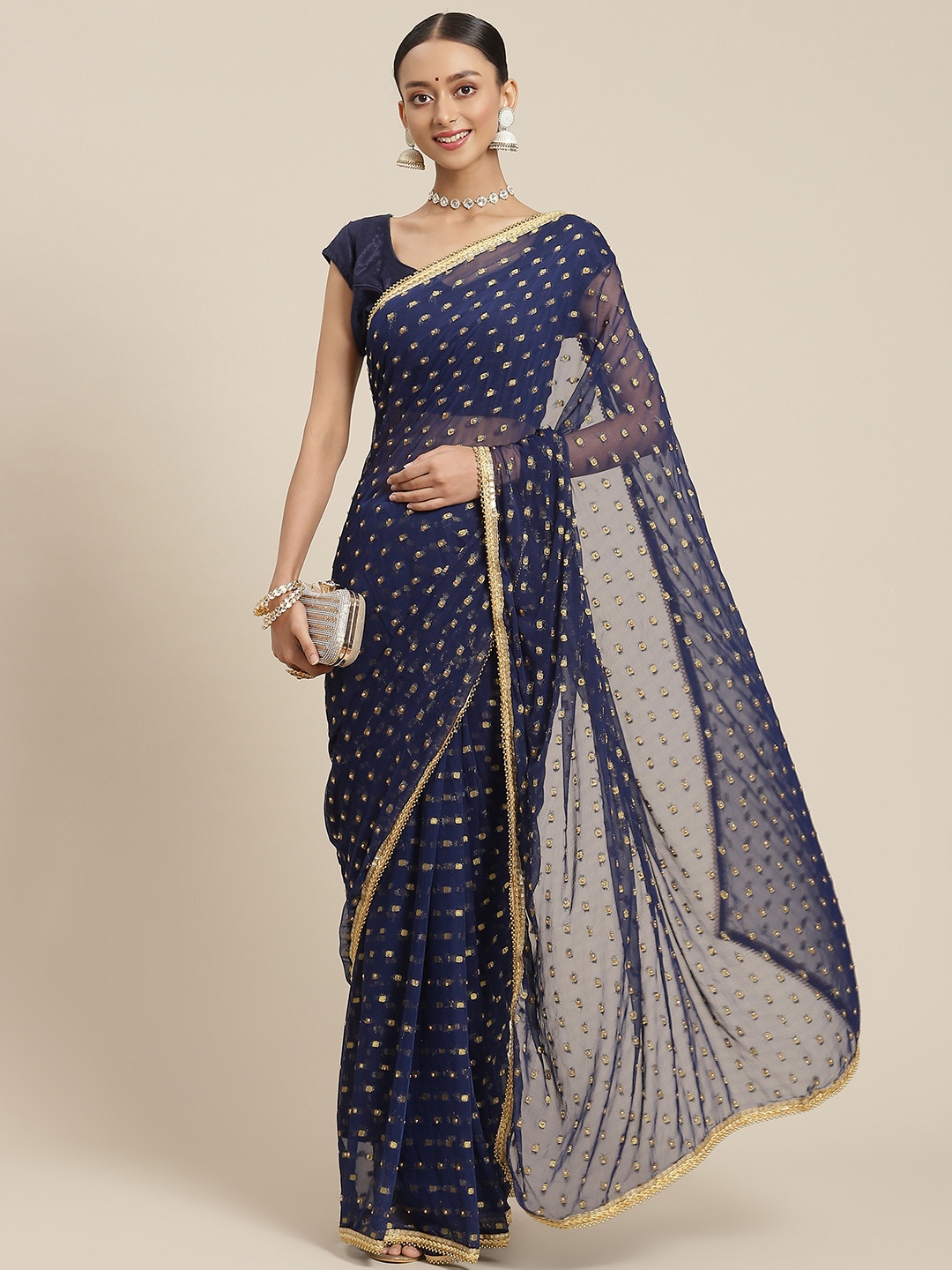 

SAARYA Navy Blue & Golden Woven Design Beads Pure Chiffon Saree