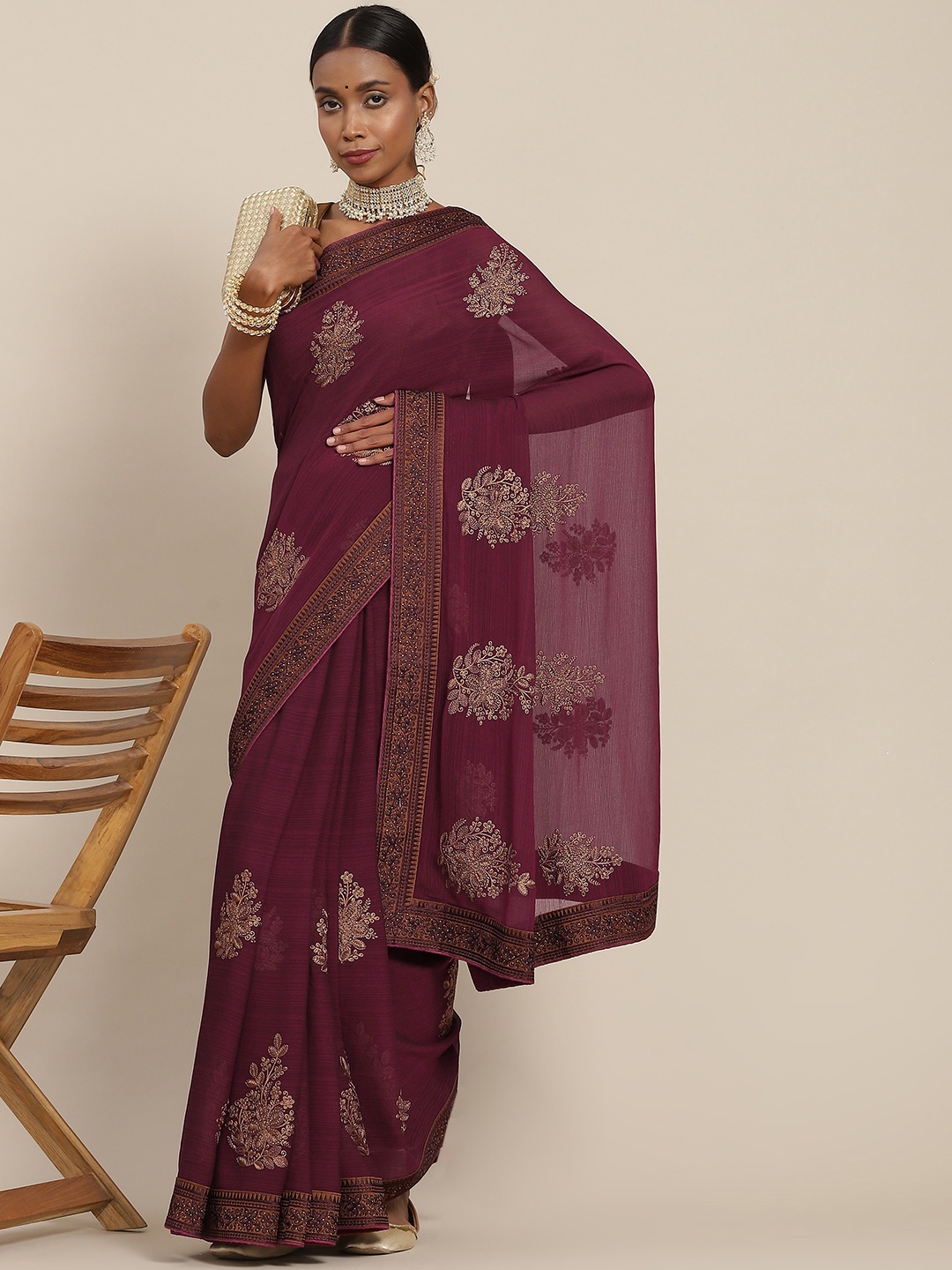 

SAARYA Maroon Ethnic Motifs Zari Pure Chiffon Saree