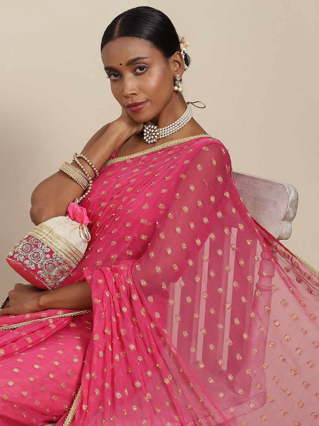 

SAARYA Magenta Woven Design Beads and Stones Pure Chiffon Saree