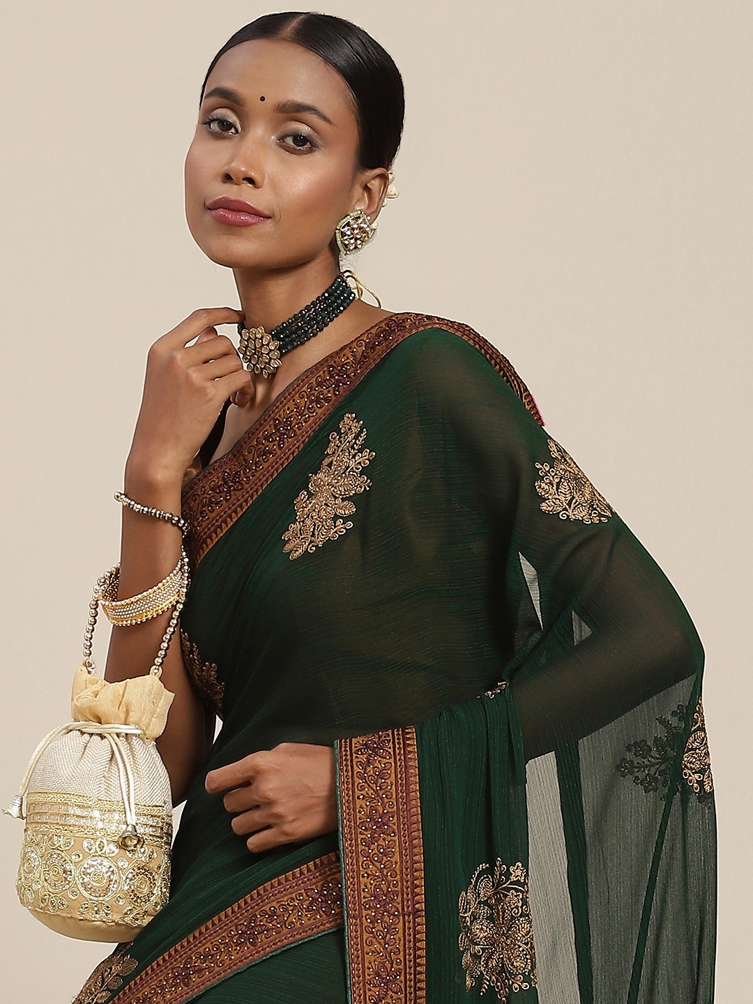 

SAARYA Green Ethnic Motifs Sequinned Pure Chiffon Saree