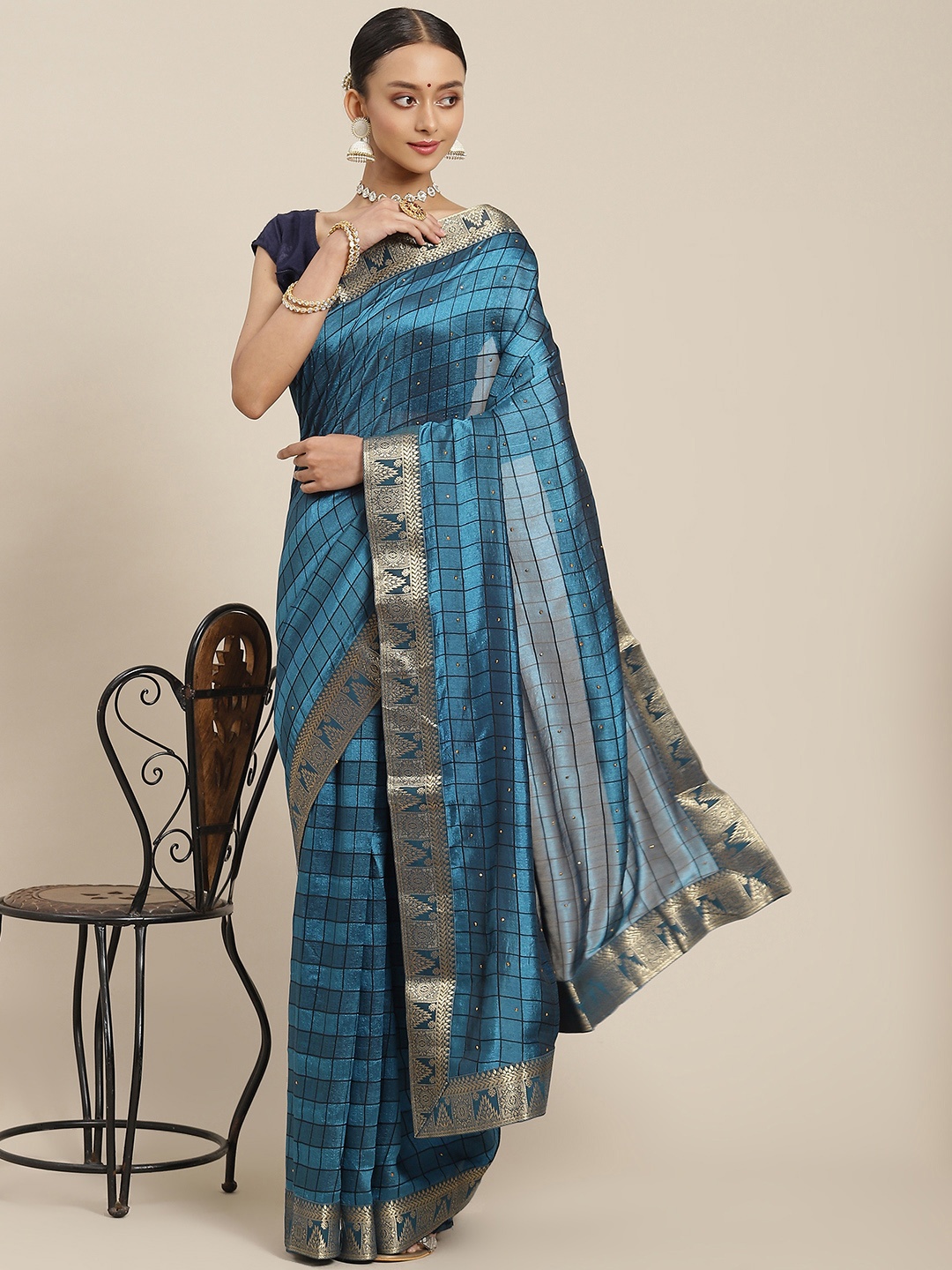 

SAARYA Turquoise Blue & Golden Checked Beads and Stones Saree